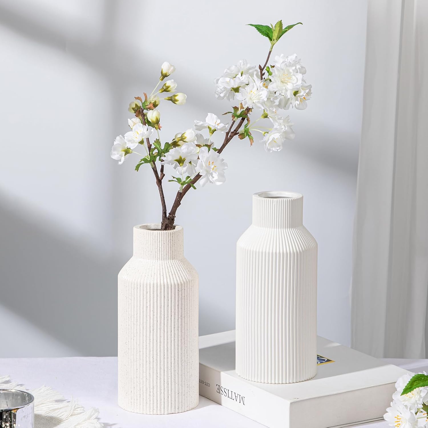 Briful White Ceramic Vase Set of 2, Modern Decorative Flower Vase for Home Decor, Minimalist Boho Vases Centerpiece for Table Shelf Home Farmhouse Decorations - Image 5