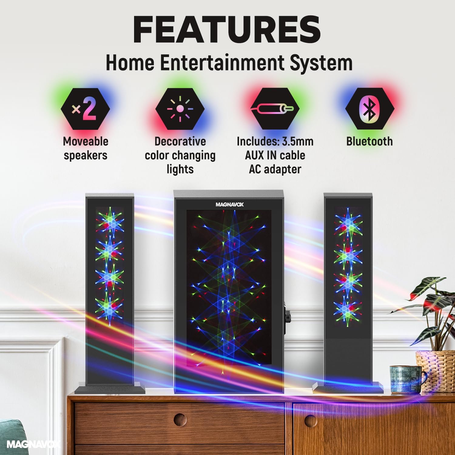 Magnavox MHT990 2.1 Home Entertainment System with Bluetooth Wireless Technology and Color Changing Lights in Black | AUX Port | Subwoofer with 2 Speakers | Pulsing Lights | - Image 3