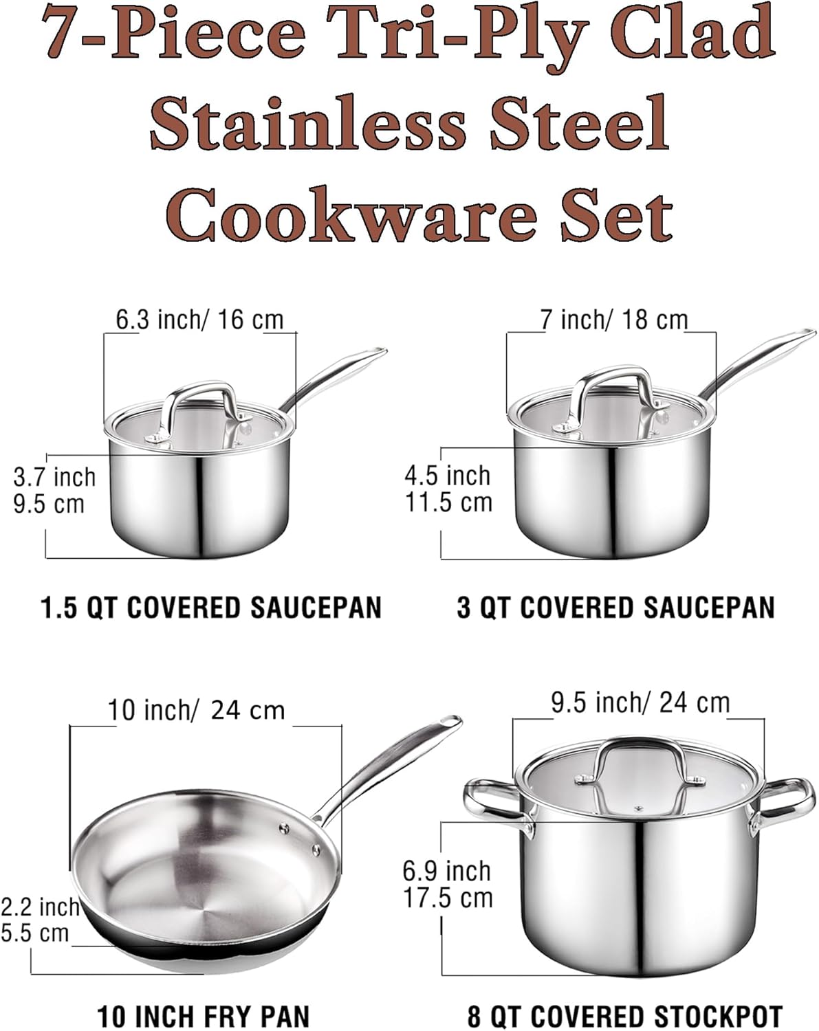 Cook N Home 7-Piece Tri-Ply Clad Stainless Steel Cookware Set, Pots and Pans Kitchen Set with Tempered Glass Lids, Induction-Ready, Dishwasher-Safe, Silver - Image 3