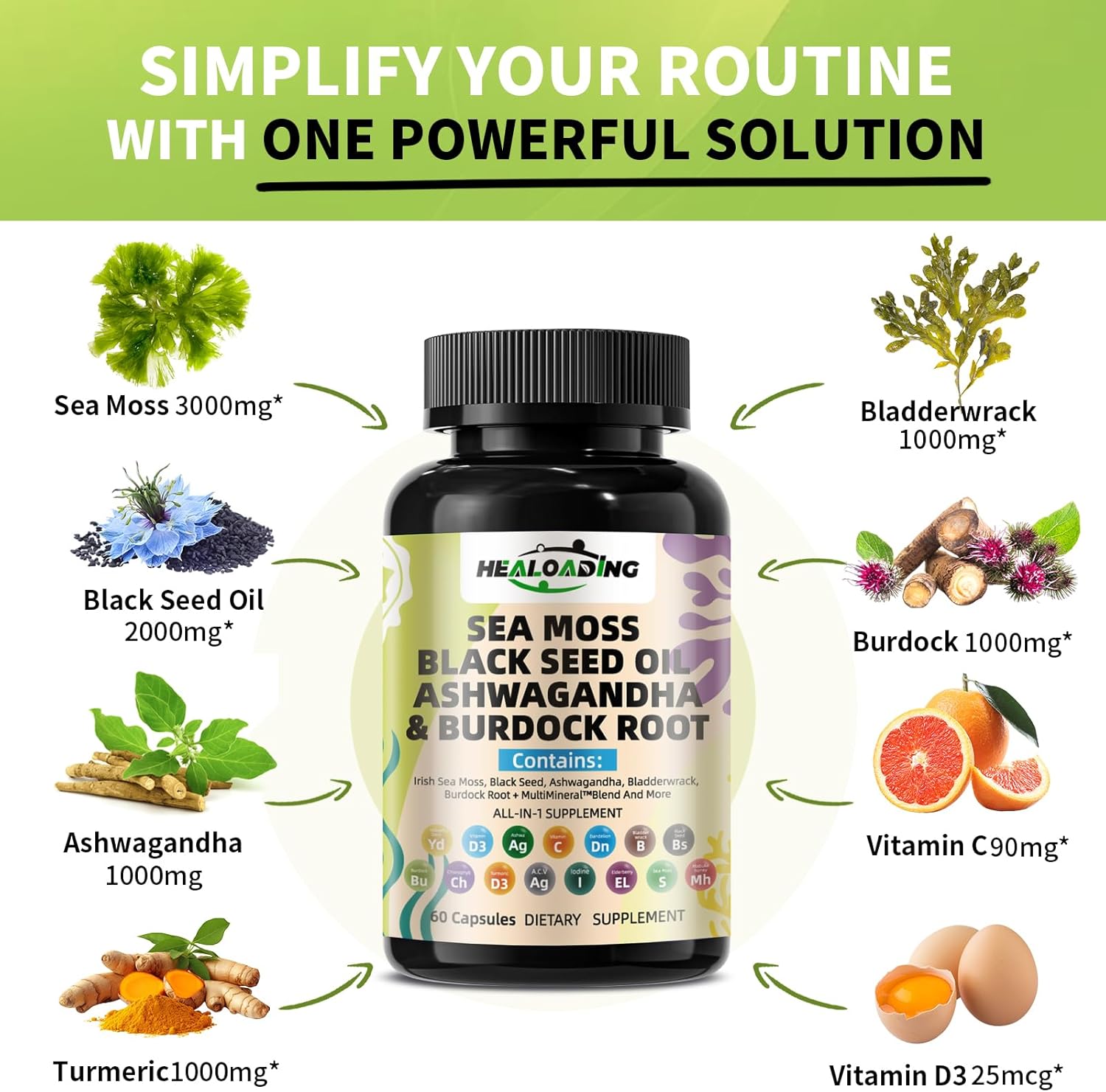 Sea Moss Capsules with Black Seed Oil, Ashwagandha, Turmeric, Bladderwrack, Burdock, Vitamin C&D3 for Immune System, Skin and Energy Support - Image 5