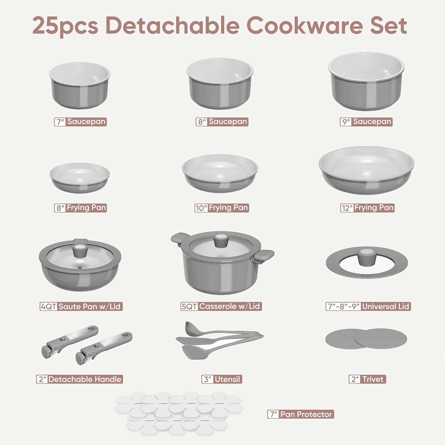 CAROTE 25pcs Ceramic Cookware Set, Pots and Pans Set Non Stick, Induction Kitchen Sets, Non Stick RV Cookware with Detachable Handle, Dishwasher/Oven Safe Cookware Set, Dark Gray - Image 3