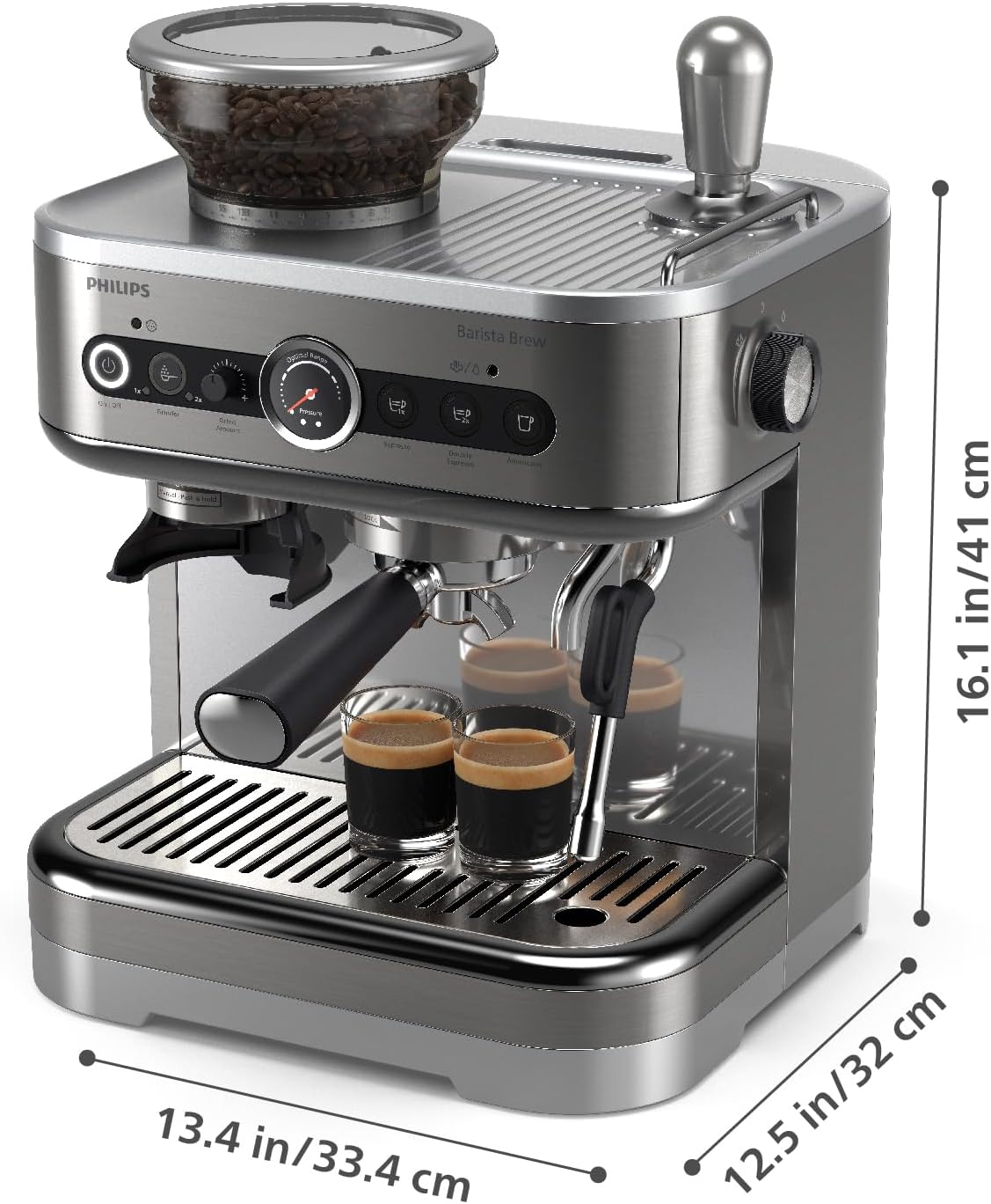 PHILIPS Barista Brew Semi Automatic Espresso Machine - Single & Double Espresso,Americano, 250g Bean Container+Grinder+Milk Jug with temperature indicator,Calibrated Tamping,Metal Silver (PSA3218/01) - Image 3