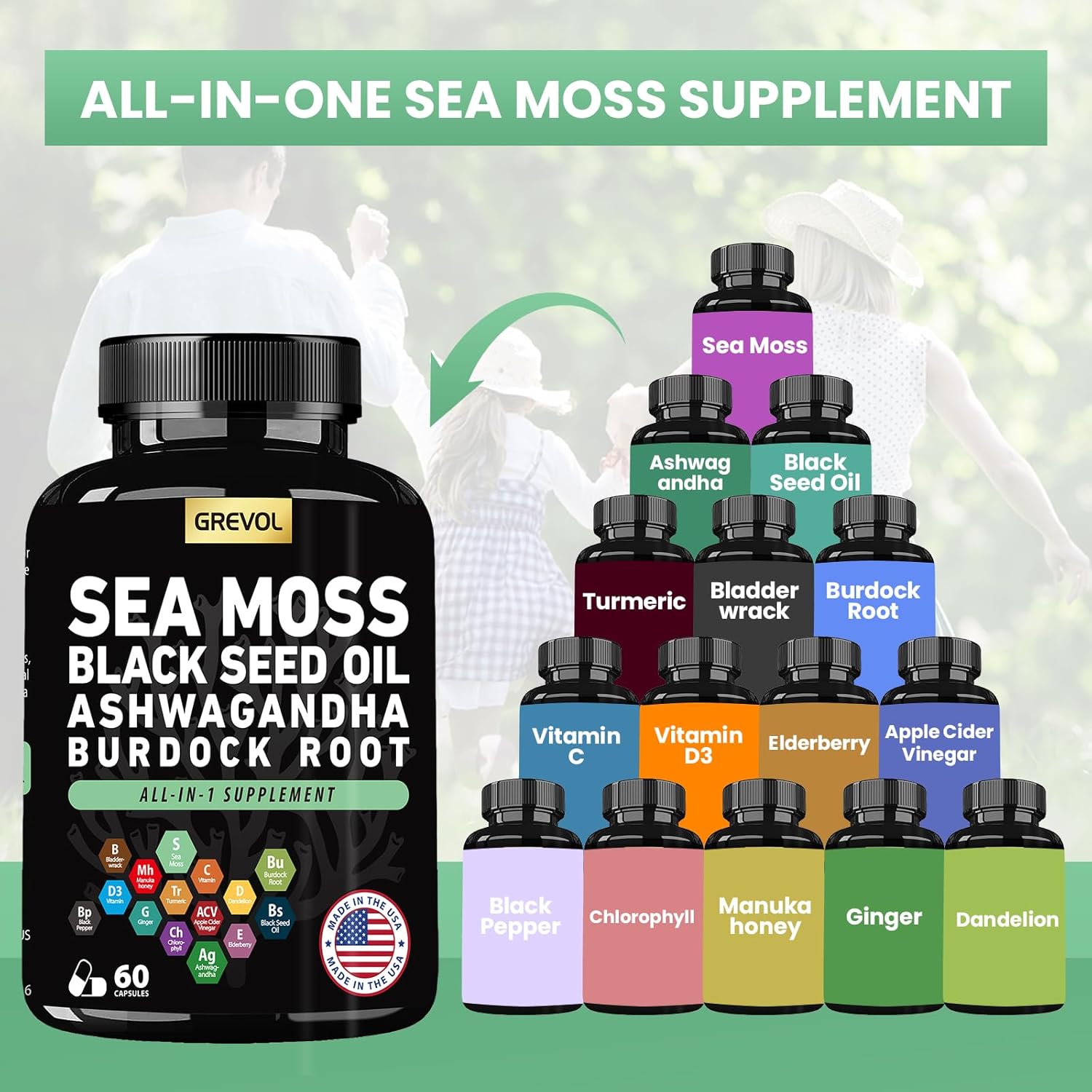 Sea Moss Black Seed Oil Ashwagandha Bladderwrack Burdock Root Turmeric & Vitamin C D3 Elderberry ACV Black Pepper - Multimineral Supplement - 60 Count - Image 3