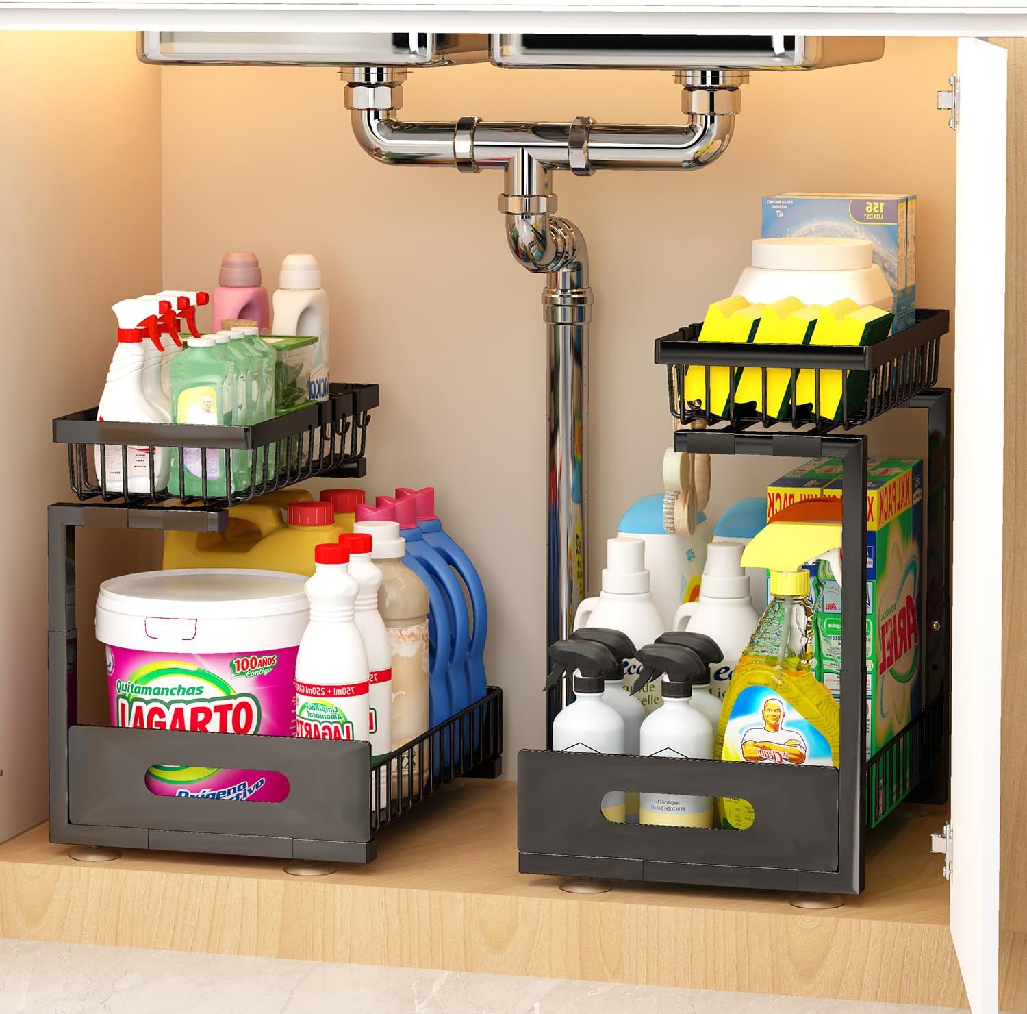 Under Sink Organizer, Adjustable Shelves, 2 Pack Pull Out Cabinet Organizer Slide Out Sink Shelf Cabinet Storage Shelves, Under Sink Storage for Kitchen Bathroom Cabinet - Image 2