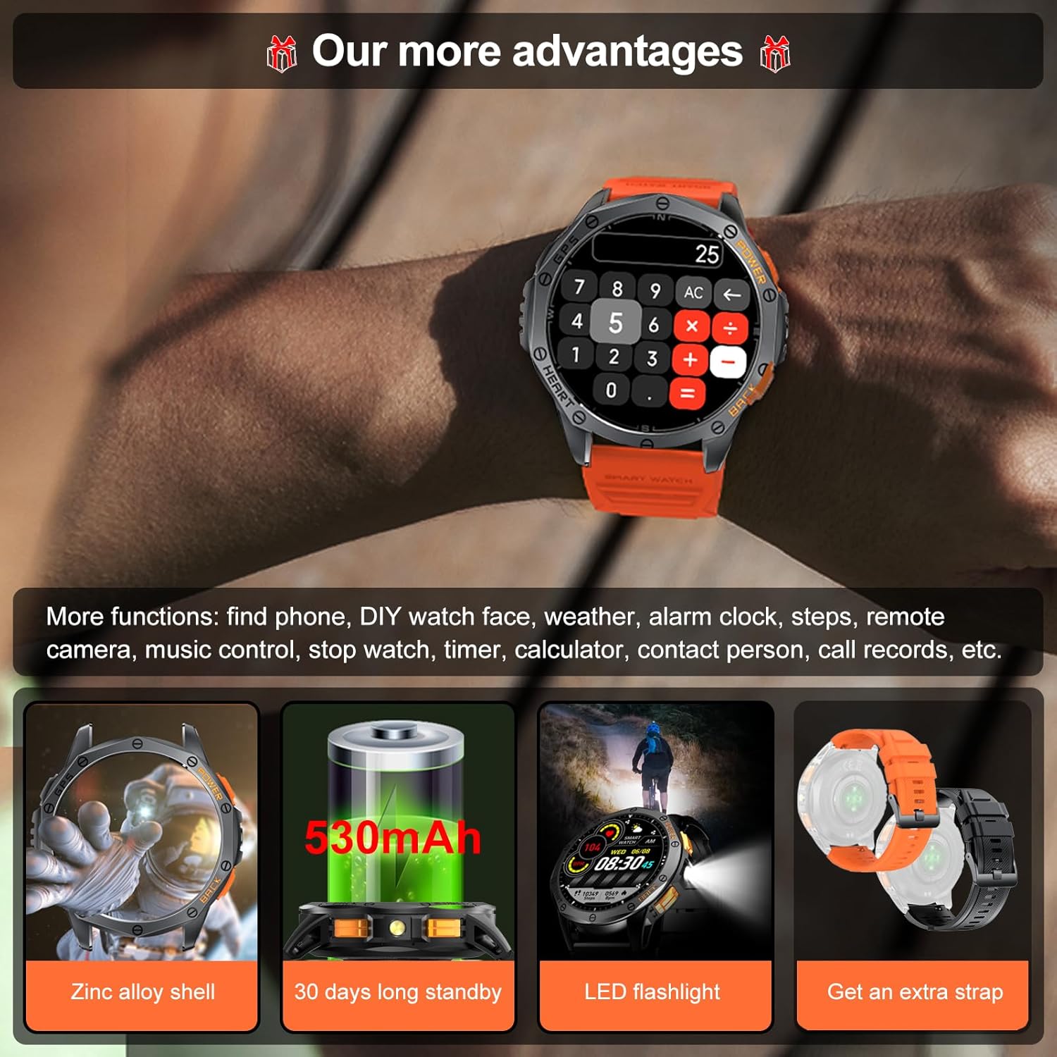 Military Smart Watches Built-in GPS, 170+ Sport Modes for Men with Flashlight, Smartwatch for Android Phones and iPhone, 1.43" AMOLED Screen, Bluetooth Calls Compass Altimeter Barometric Altitude - Image 7