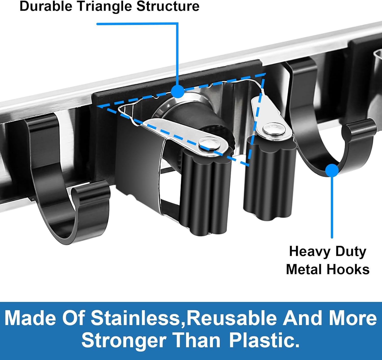 Mop and Broom Holder Wall Mount Metal Heavy Duty Utility Hooks Broom Organizer Garage Storage Systems Tool Racks for Home Laundry Garden Kitchen Organization (Silver, 2 Pack 3R4H) - Image 6
