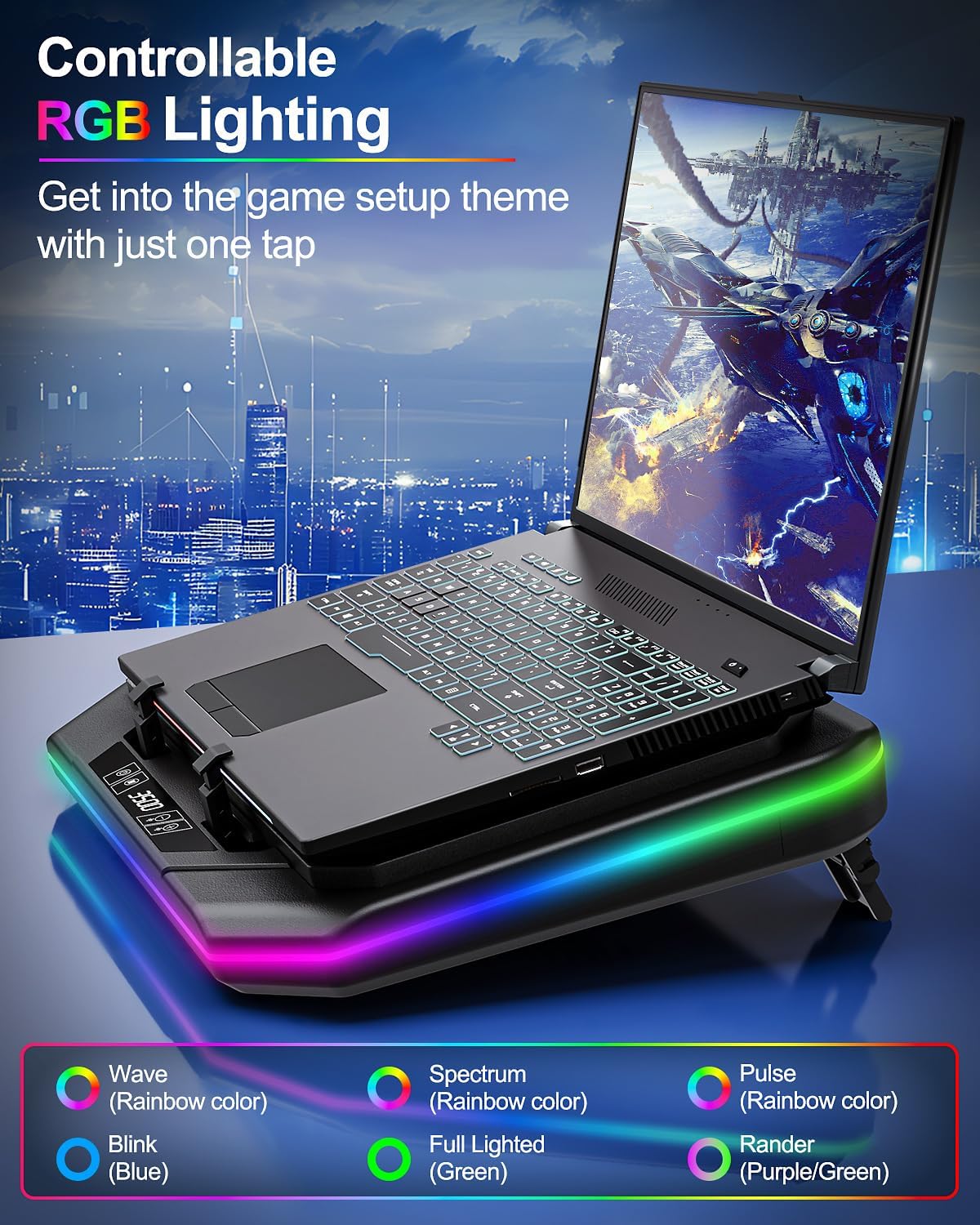 MOUNT PRO Gaming Laptop Cooling Pad, RGB Laptop Cooler Stand with Powerful Turbofan (3500 RPM), Height Adjustable Laptop Fan Cooling Pad for 13-19 Inches Notebook, with Sealed Foam, Touch Control - Image 5