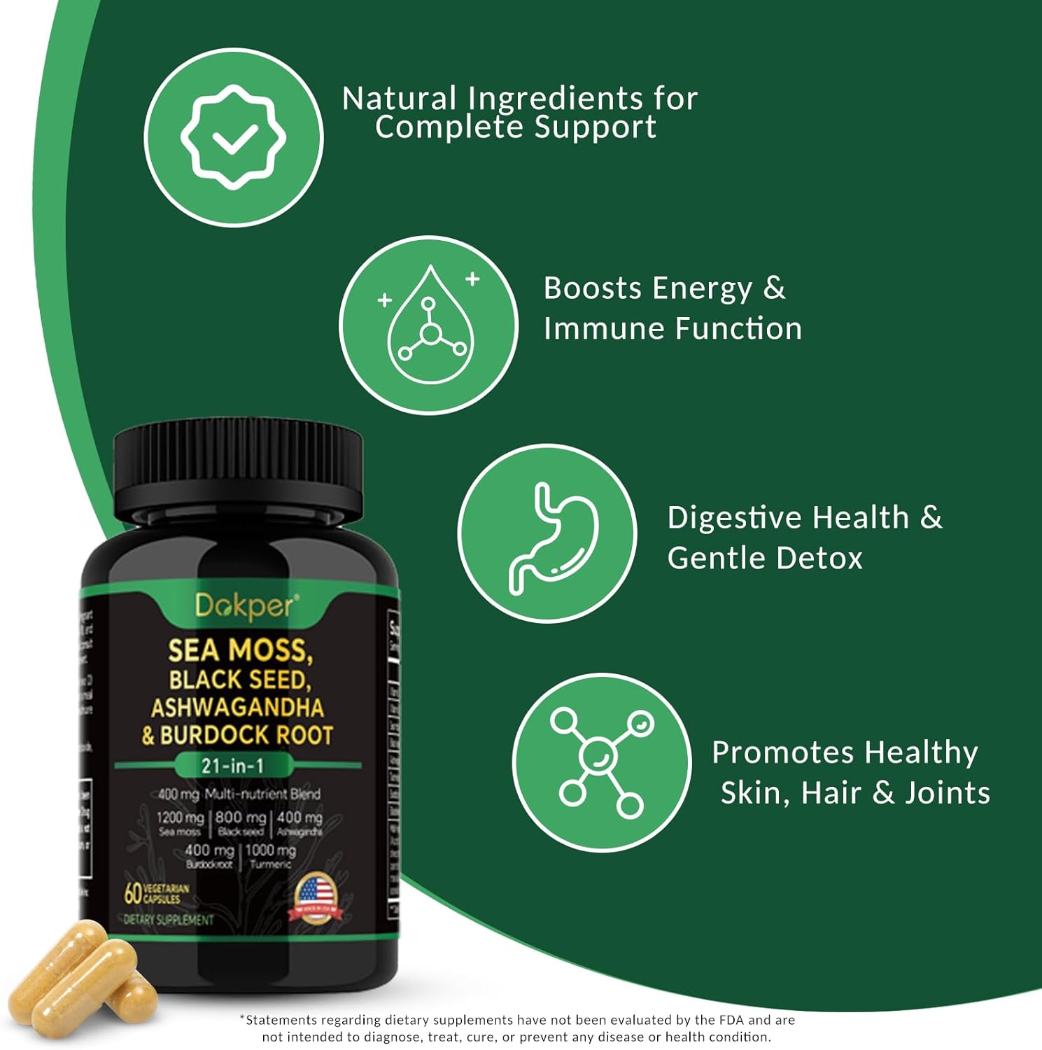 Sea Moss, Ashwagandha, Black Seed Oil Supplement, Vitamin C & D3 with Turmeric, Bladderwrack & Burdock Root, Natural Herbal Support for Men & Women 60 Capsules, Dietary Supplements, Pack of 1 - Image 4