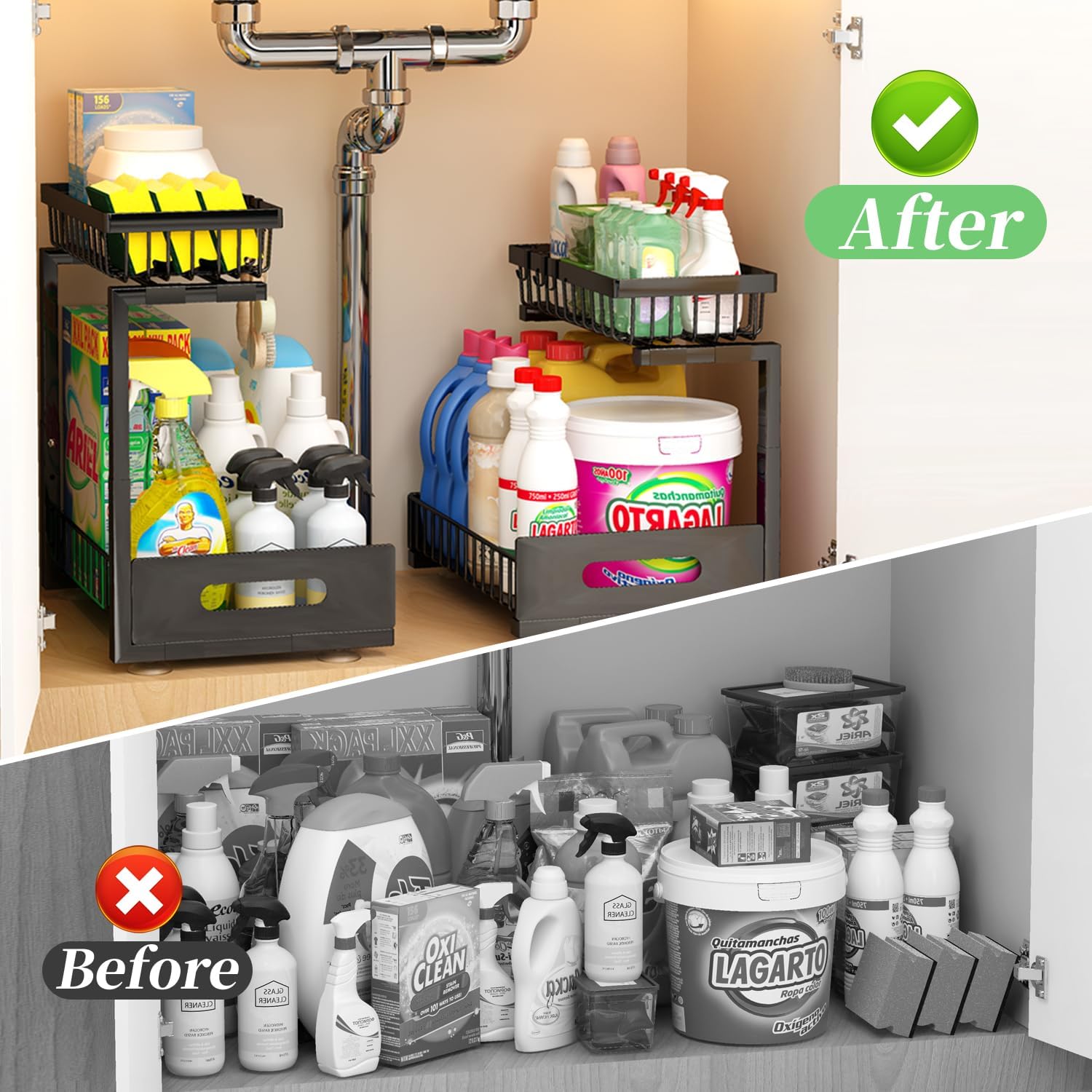 Under Sink Organizer, Adjustable Shelves, 2 Pack Pull Out Cabinet Organizer Slide Out Sink Shelf Cabinet Storage Shelves, Under Sink Storage for Kitchen Bathroom Cabinet - Image 7