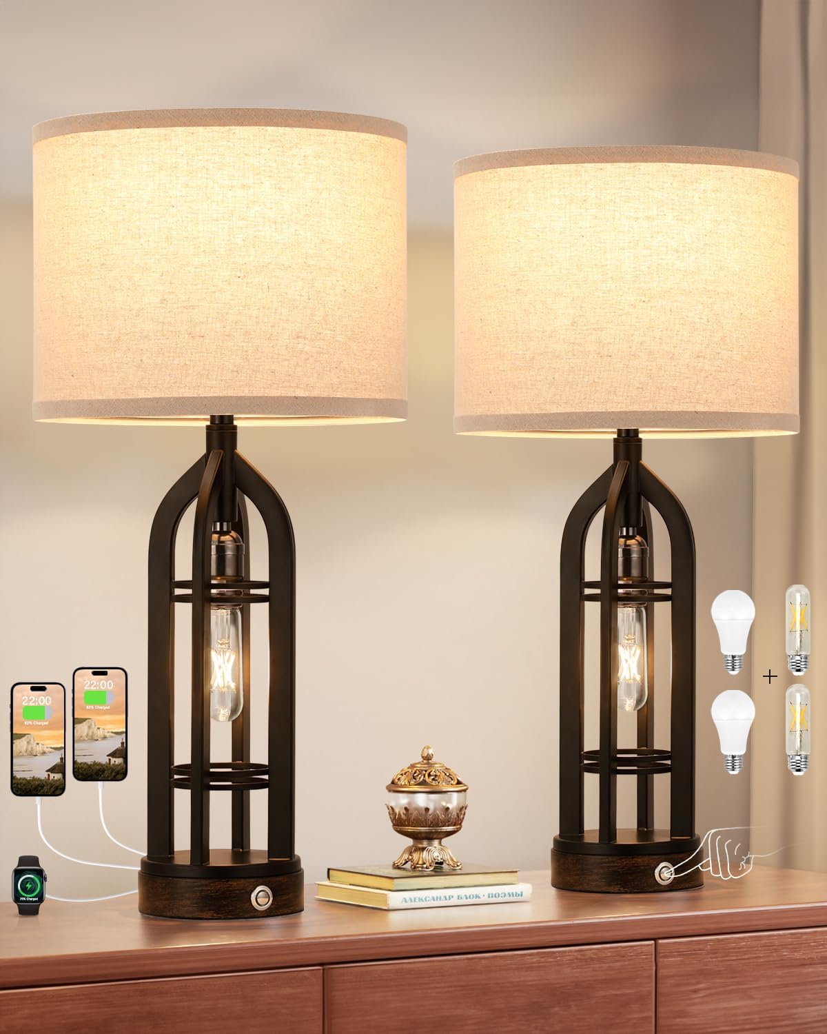 Seealle Table Lamps for Living Room Set of 2 - Bedside Lamp for Bedroom with USB C+A & Outlet, Farmhouse Lamps for Night Stands, 3-Way Dimmable Touch Lamps for Living Room - Image 9