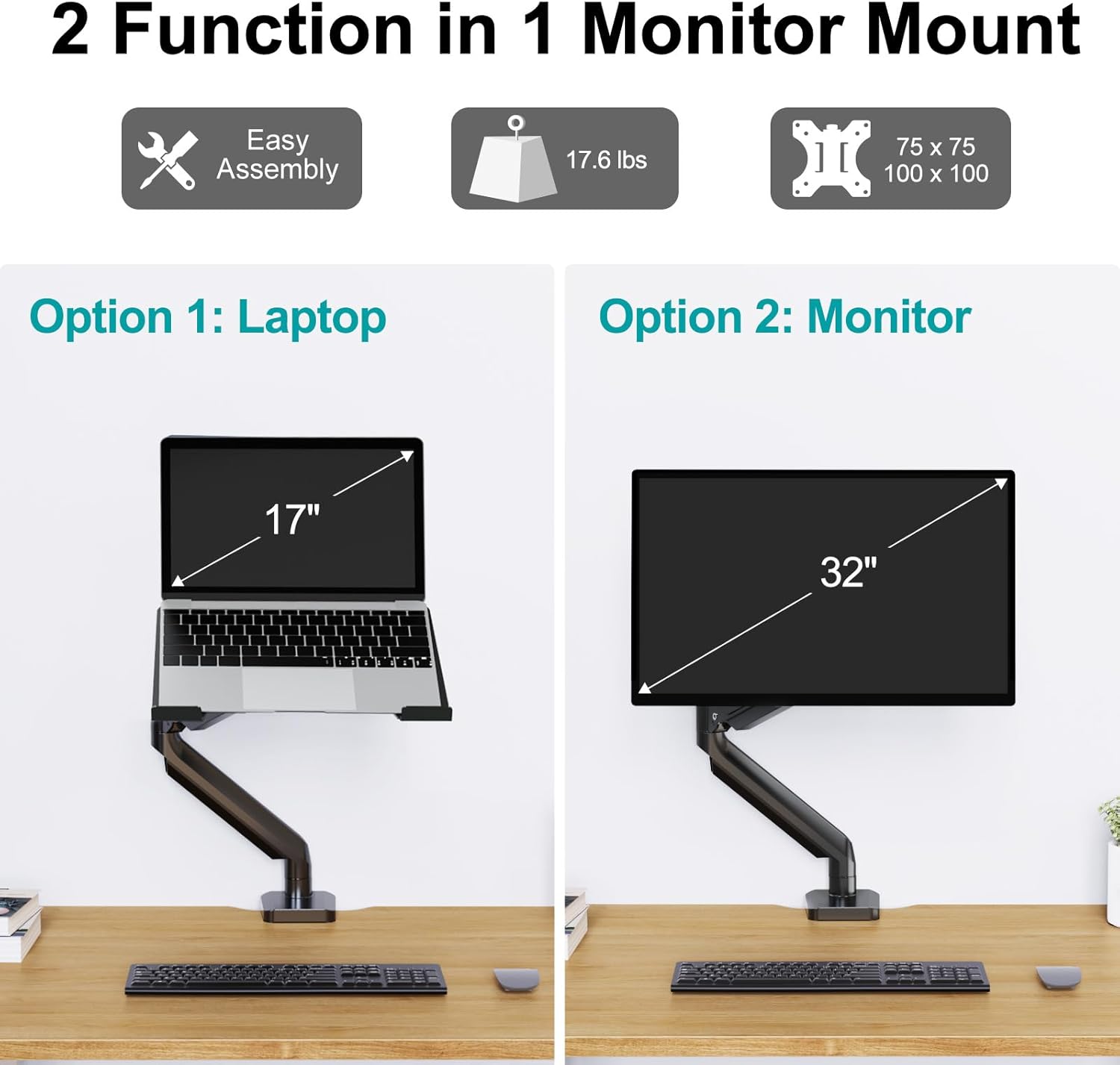 MOUNT PRO Laptop Stand Desk Mount, 2 in 1 Function Monitor Laptop Mount, Aluminum Laptop Arm Fits Max 17" Notebook and 32" Computer Screen, Single Monitor Mount with Laptop Tray, Holds up to 17.6lbs - Image 3