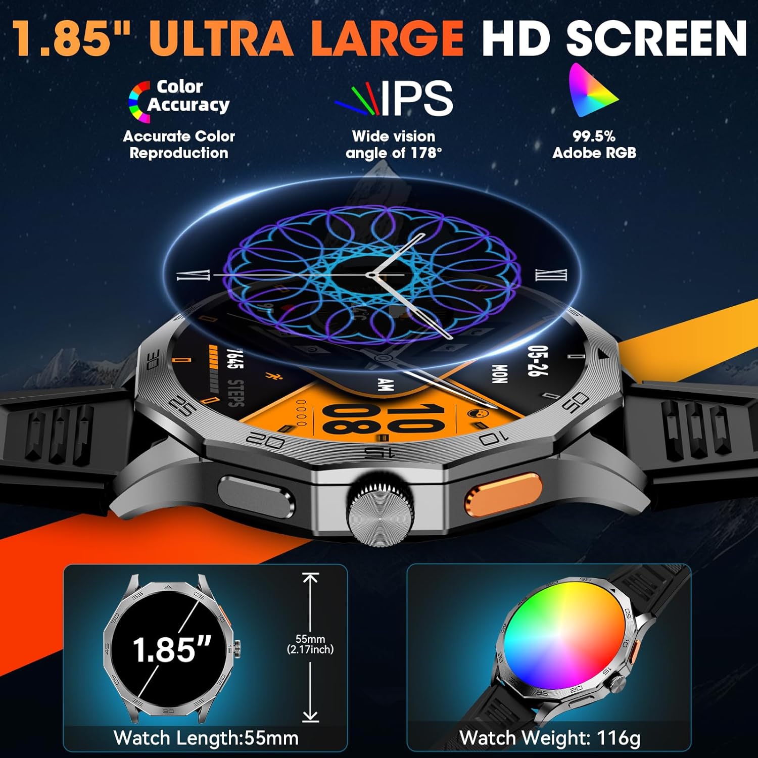 Military Smart Watch for Men 1.85" HD Ultra Screen Touch Screen 710mAh Battery Smart Watches for Android iOS (Bluetooth Call Answer/Dial Calls) Fitness Tracker with 100+ Sports - Image 3