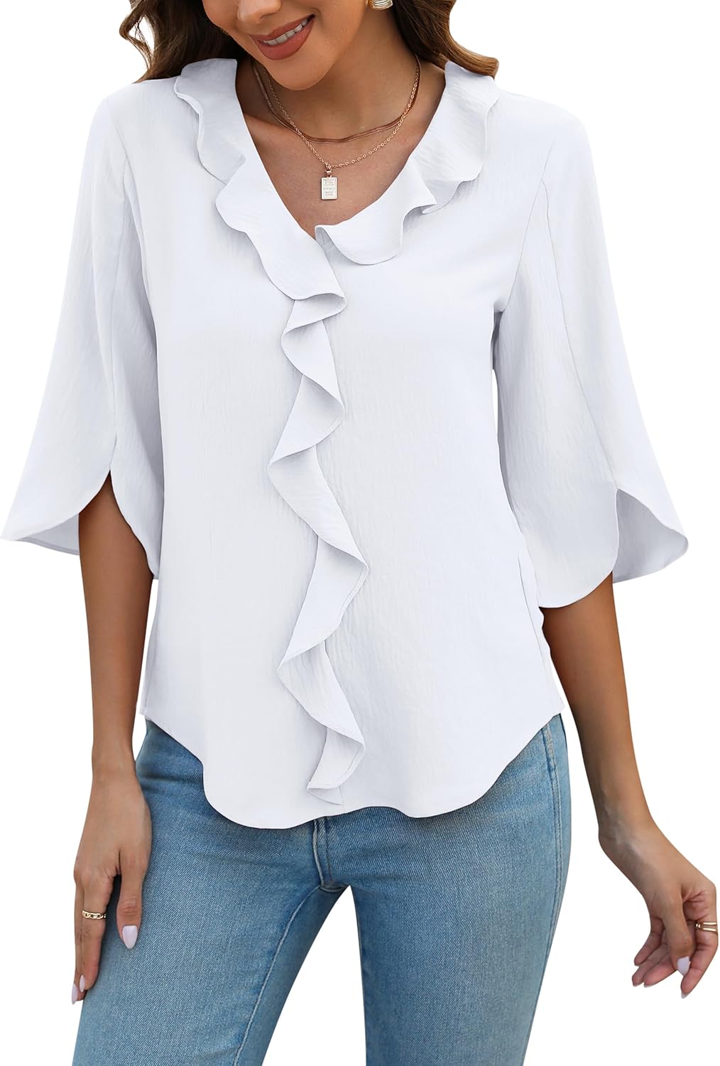 Blooming Jelly Womens Dressy Casual Blouses 3/4 Sleeve V Neck Ruffle Tops Business Ladies Summer 2025 Trendy Work Shirt - Image 2