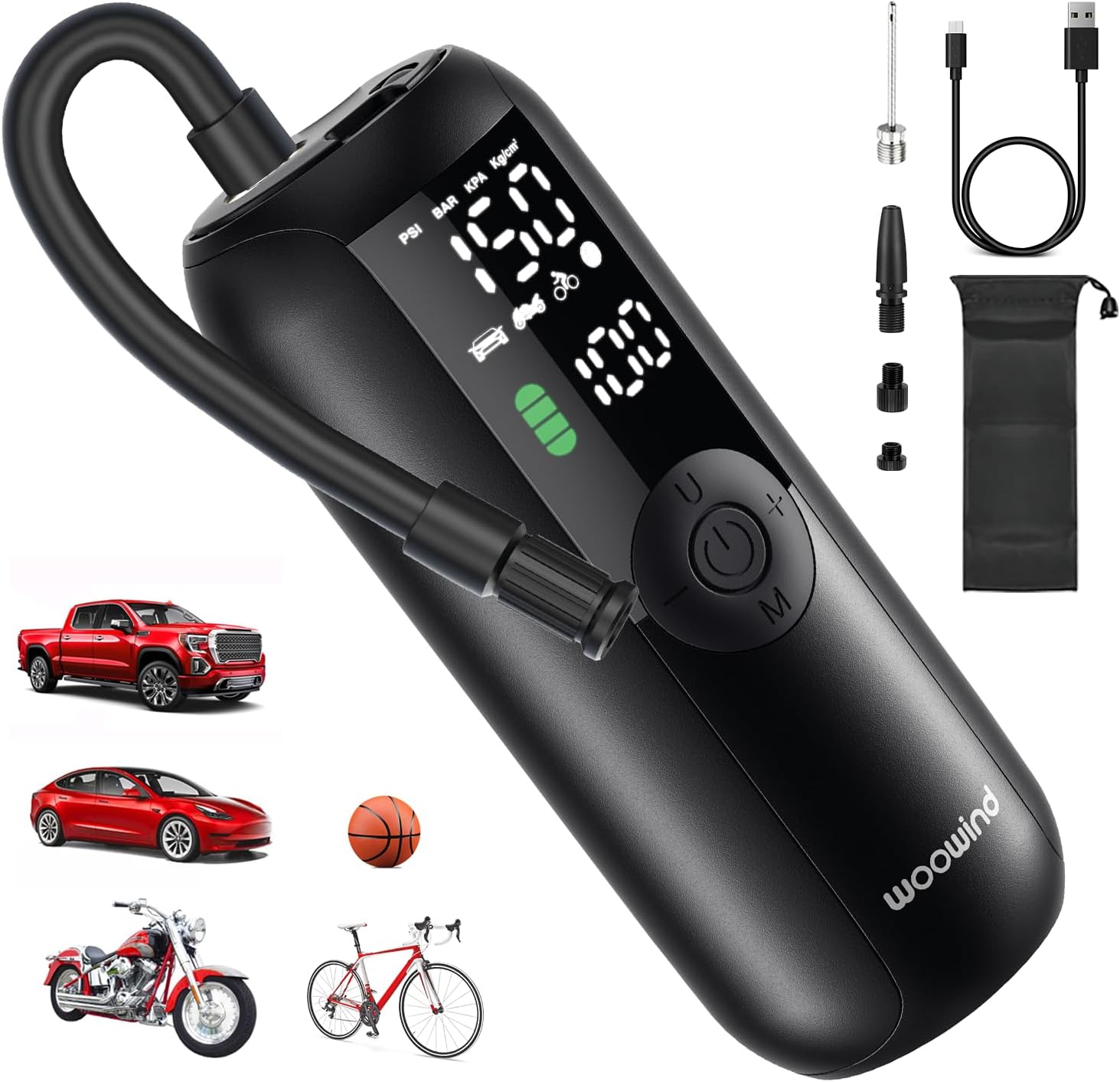 Tire Inflator Portable Air Compressor, Electric Bike Tire Pump with Gauge, Air Pump for Car Tires, 150PSI, Mobile Air Compressor for Car, Motorcycle, Electric Bike, by Woowind - Image 2