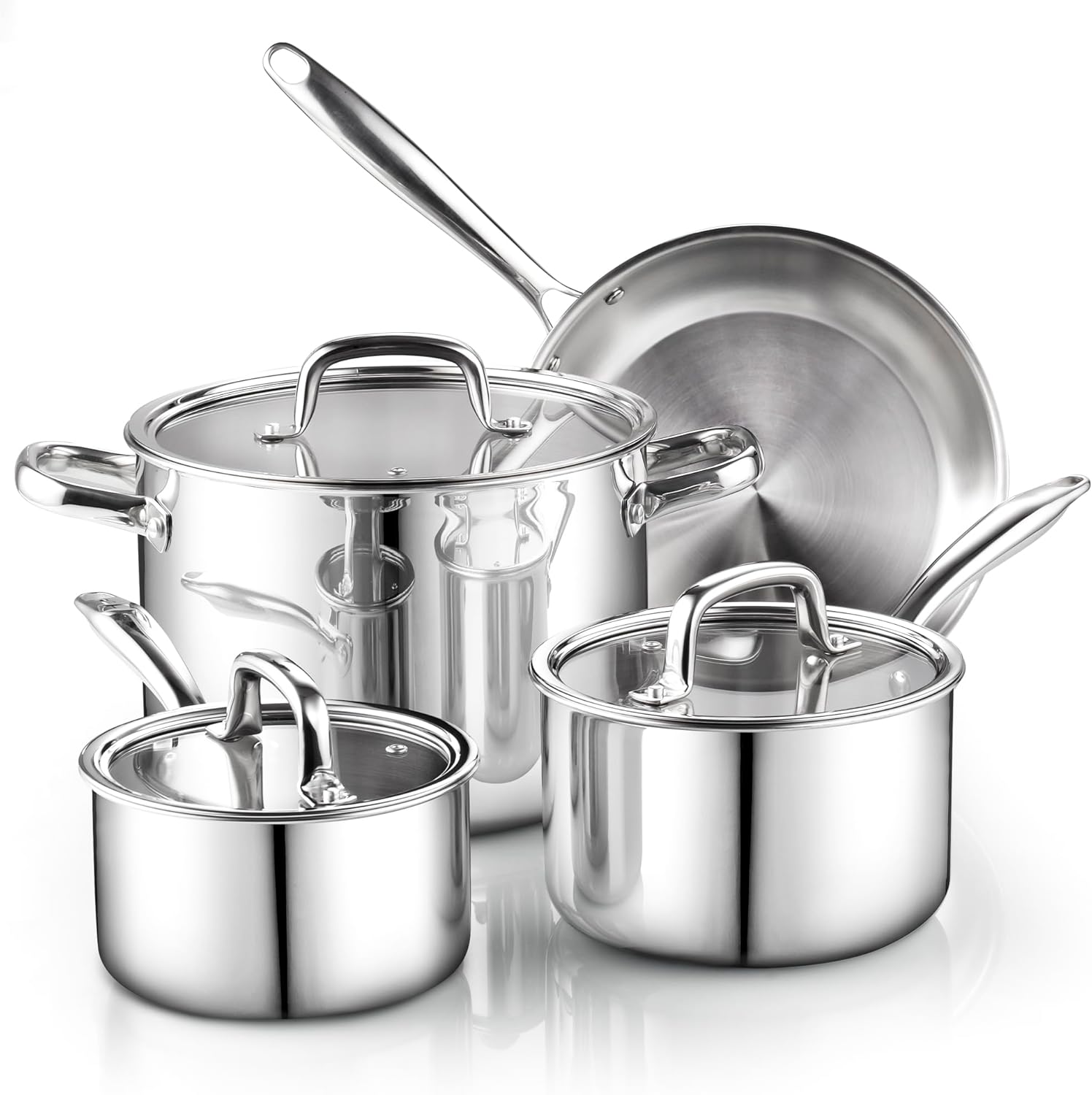 Cook N Home 7-Piece Tri-Ply Clad Stainless Steel Cookware Set, Pots and Pans Kitchen Set with Tempered Glass Lids, Induction-Ready, Dishwasher-Safe, Silver - Image 2
