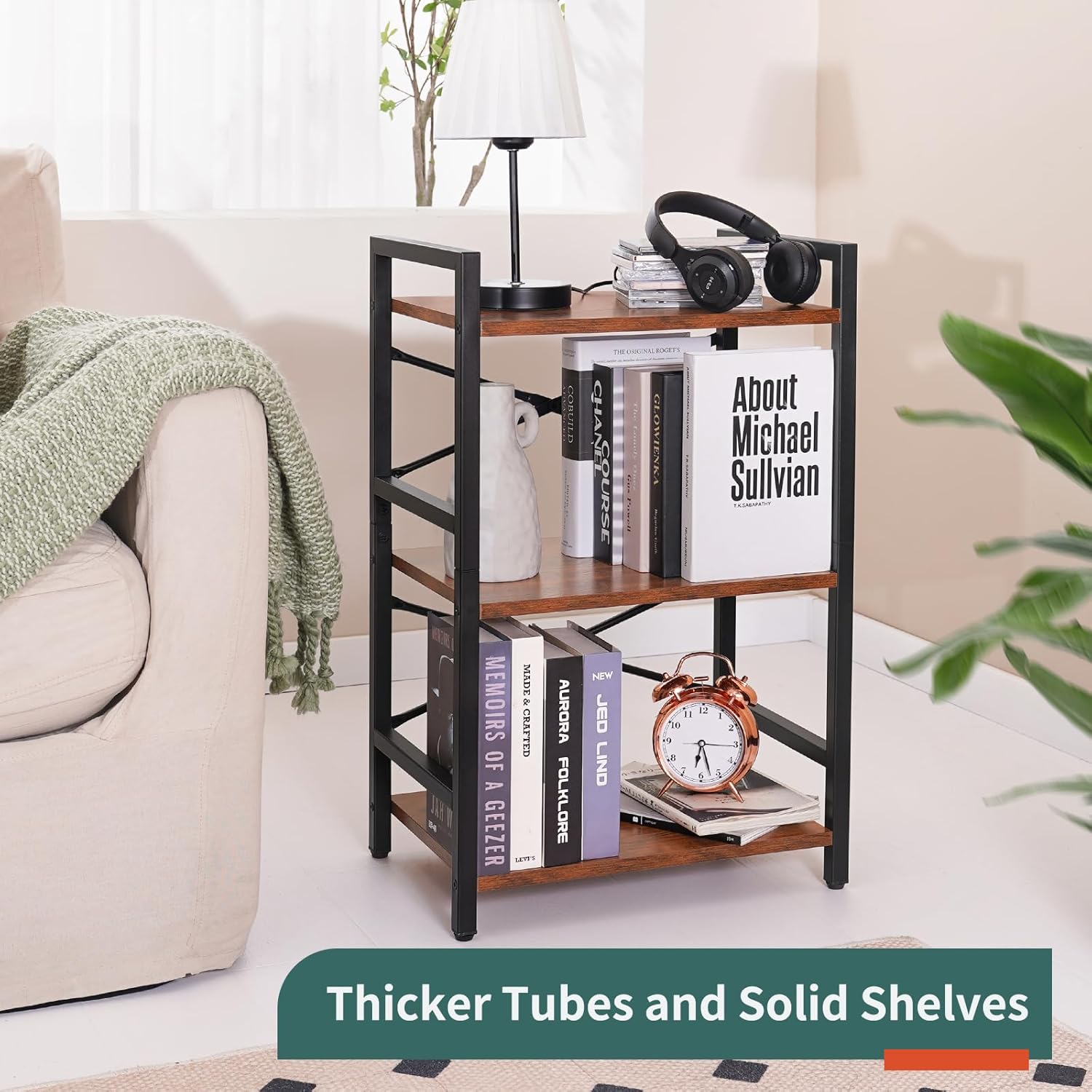 Yoobure Bookshelf Small Book Shelf, Solid Industrial 3 Tier Shelf Bookcase, Short Book Case for Bedroom, Living Room, Office Home, Small Spaces, Berry Brown - Image 5