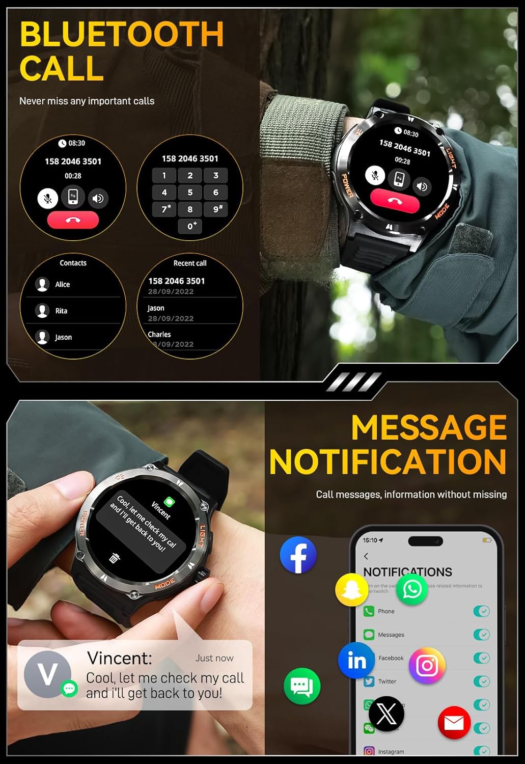 Military Smart Watch for Men with LED Flashlight 500mAh Big Battery Tactical Smartwatch 1.53” Big Screen Rugged Smart Watch 3ATM Waterproof Fitness Tracker with Heart Rate Monitor for iPhone Android - Image 6