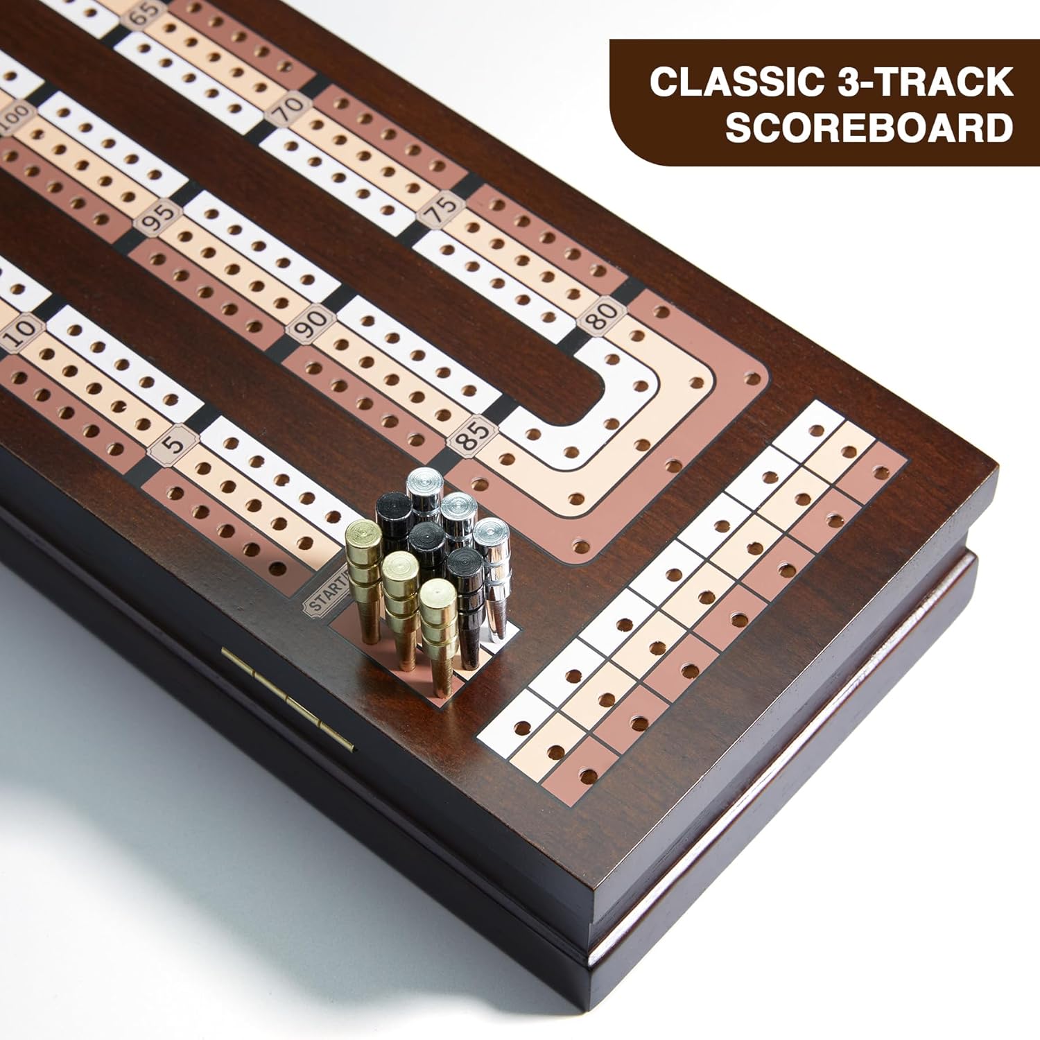 VAMSLOVE Wooden Cribbage Board Game Magnetic 3-Track Scoreboard with Large Slots for Storing 2 Playing Cards and 9 Metal Pegs, Travel Family Game Night (Instruction Included - Image 4