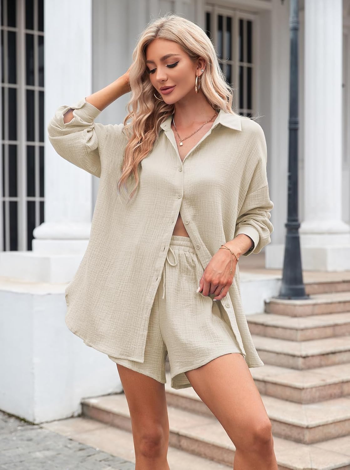 Fixmatti Women 2 Piece Outfits Long Sleeve Button Down Blouse and Shorts Sweatsuit Sets - Image 10