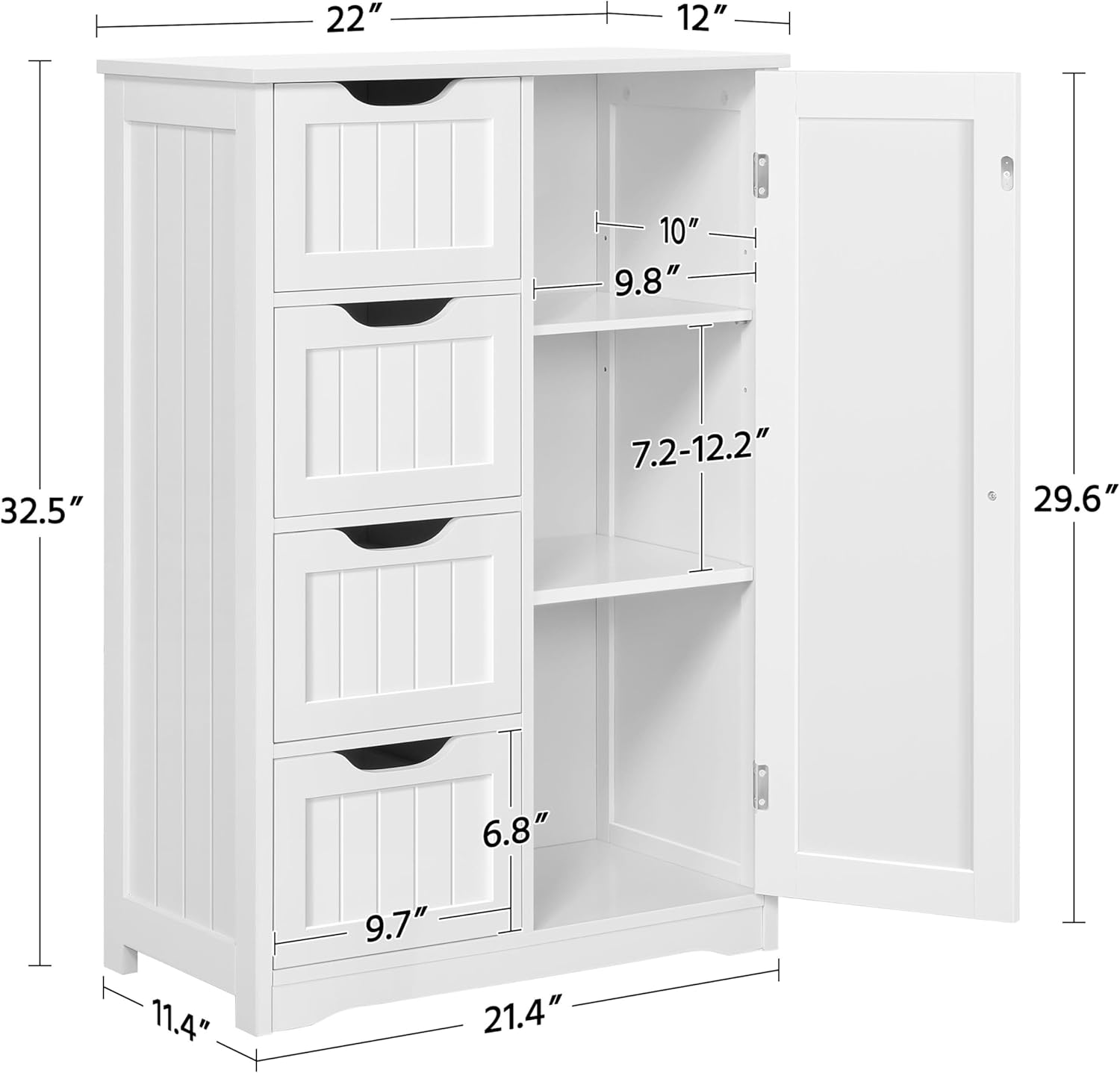 Yaheetech Wooden Floor Cabinet, Side Storage Organizer with 4 Drawers and 1 Cupboard, Freestanding Entryway Storage Unit Console Table, Bathroom Furniture Home Decor, White - Image 4