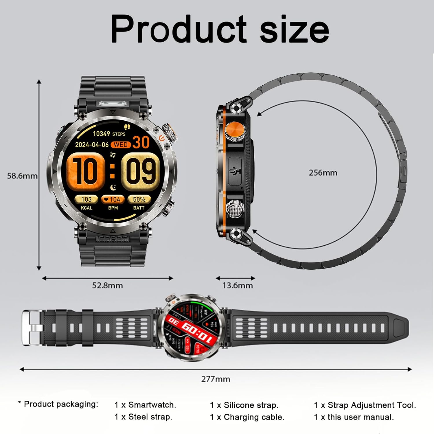 Military Smart Watches for Men, Smartwatch Sport LED Flashlight Outdoor Compass Bluetooth Answer/Dial Call 1.7" Fitness Tracker 600 mAh Large Battery Two Straps for Android/iOS - Image 10