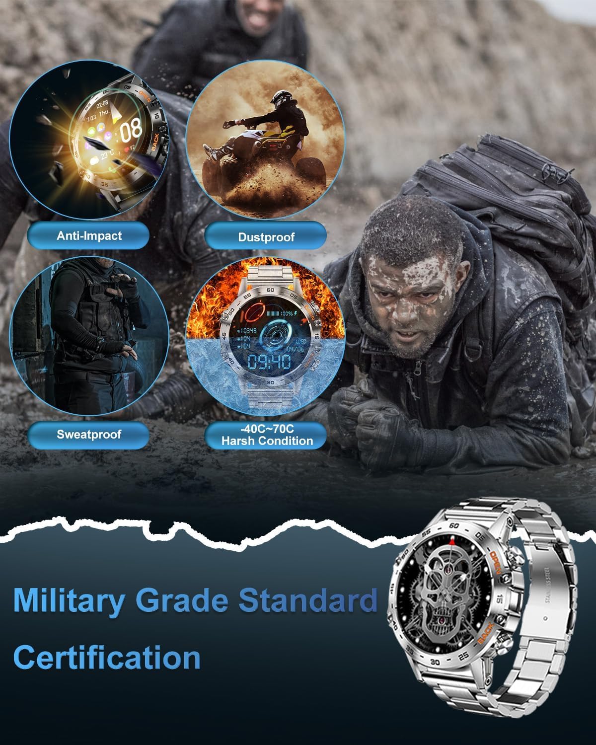 Military Smart Watches for Men(Answer/Make Call), Tactical Smartwatch for Android iOS, 400mAh Battery/Sports Tracking/Health/Sleep Monitoring - Image 6