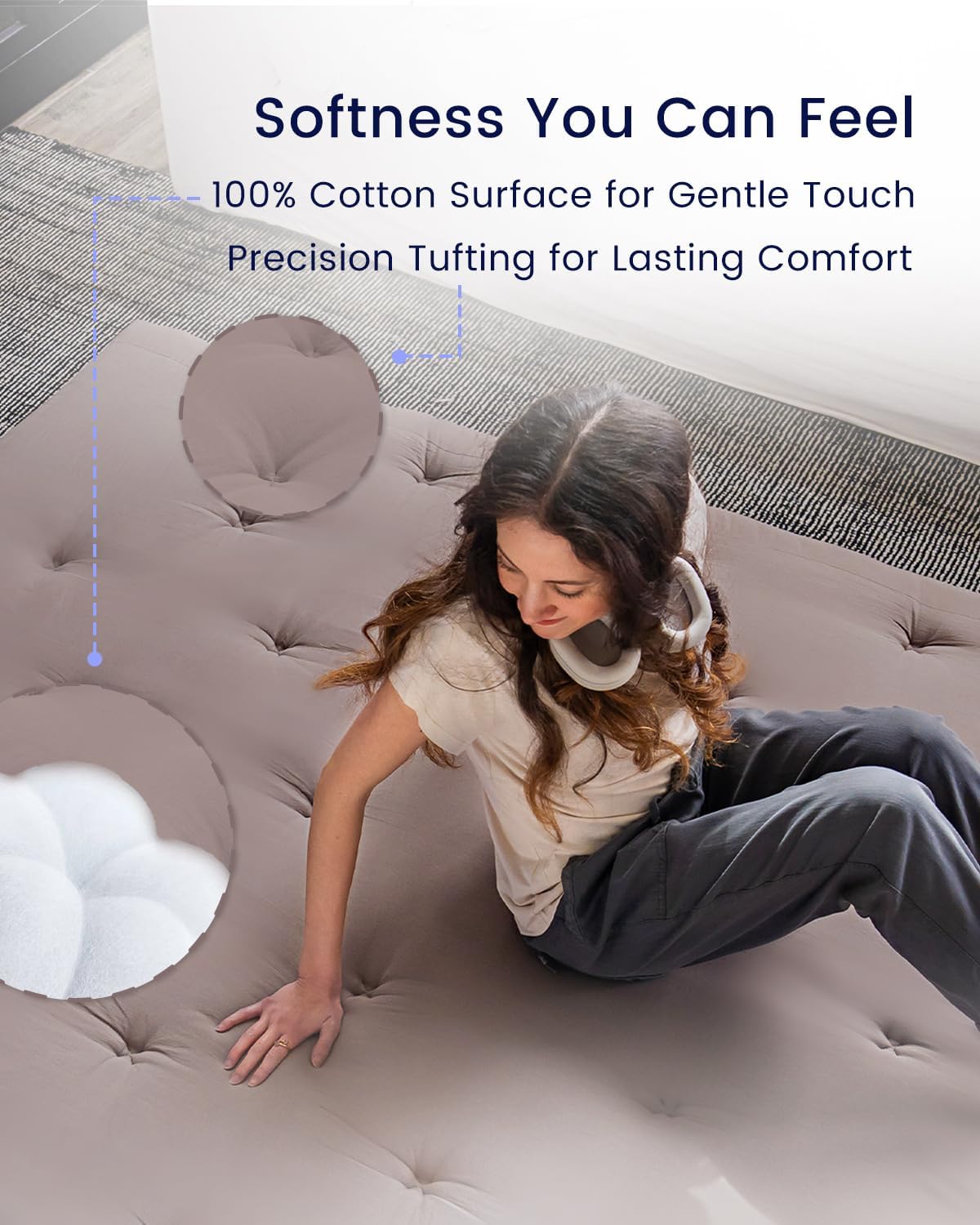ZonLi Japanese Floor Futon Mattress Queen Size 60"x 80",100% Cotton 2.5'' Thicken Tatami Mattress,Foldable Sleeping Pad,Portable Dormitory Tatami Mat,Roll Up Floor Lounger Bed for Adult (Grey) - Image 5
