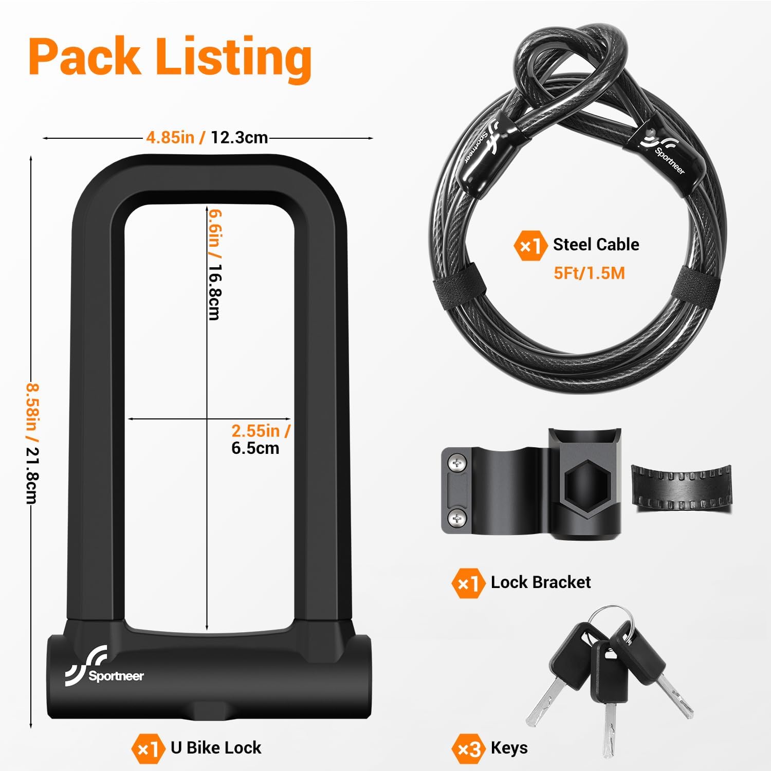 Sportneer Bike Lock: 18mm Heavy Duty Anti Theft Bike U Lock with 5ft Security Steel Cable - Shackle Bicycle U-Locks with 3 Keys & Sturdy Mounting Bracket for Road, Mountain, Electric & Folding Bike - Image 6