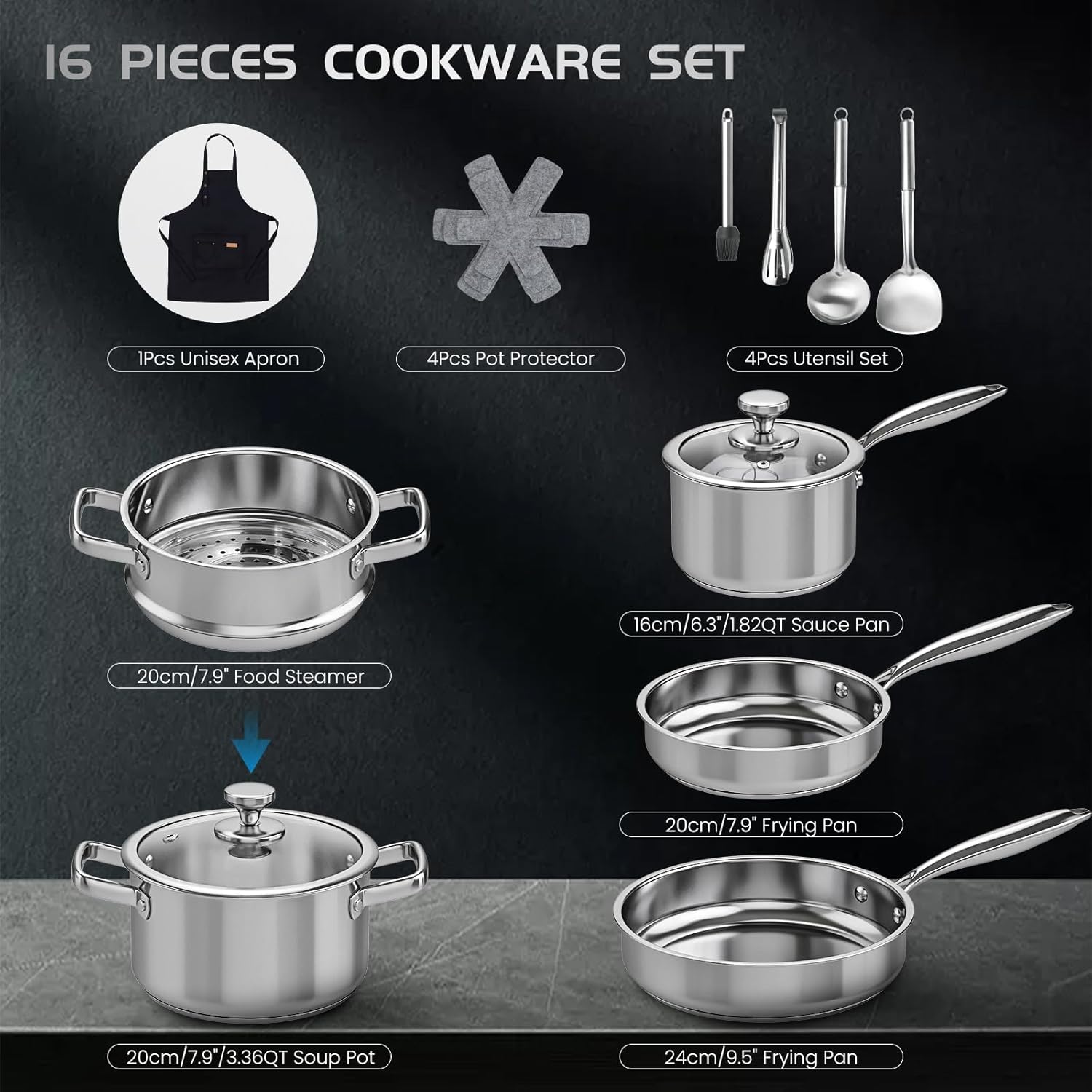 Meythway 𝐔𝐏𝐆𝐑𝐀𝐃𝐄 Pots and Pans Set Non Toxic, 16PCs Stainless Steel Cookware Set with Steamer, Kitchen Induction Cookware with Utensil Sets, Pot Protectors and Apron For Oven & Dishwasher Safe - Image 3