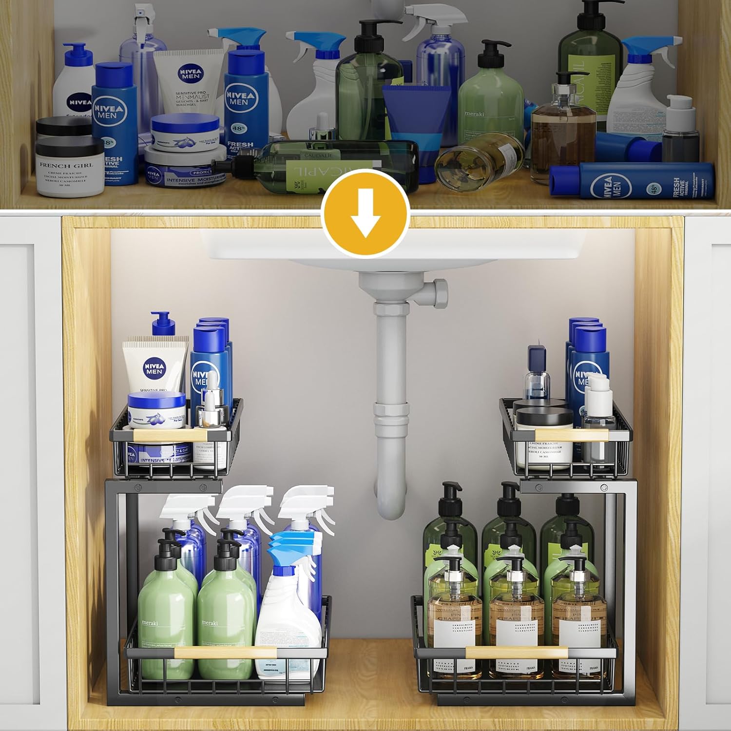 Under Sink Organizer and Storage, 2-Tier Pull Out Cabinet Organizers Shelf, Metal Sliding Drawers Shelves for Kitchen Bathroom Closet Organization, 2 Pack - Image 8