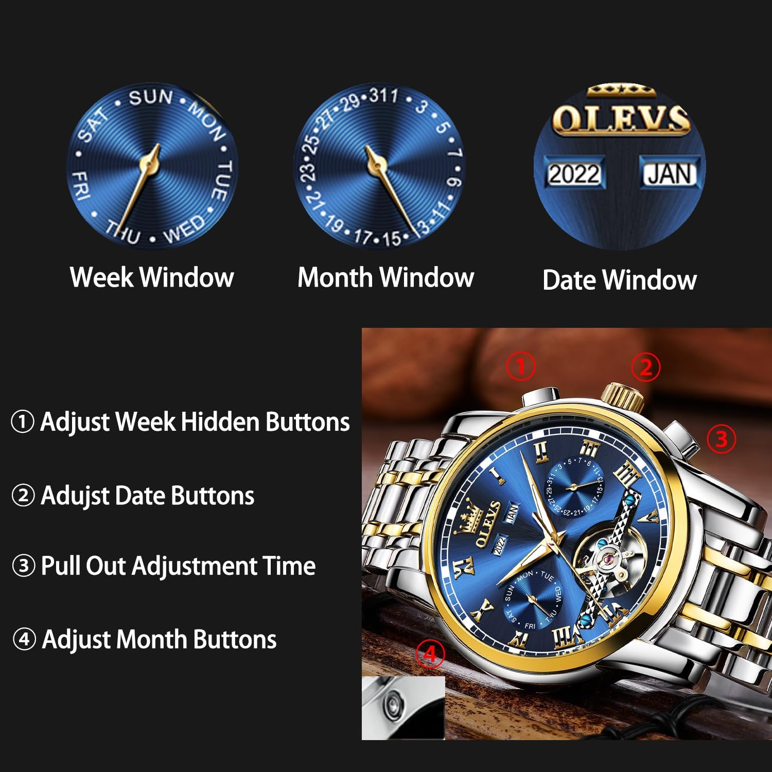 OLEVS Automatic Watch(No Battery Required) Men's Wrist Watches Self-Wind Mechanical Watches Fashion Classic Tourbillon Skeleton Watch Black Blue Green Face,Adjustable Bracelet (Gift Tool) - Image 6