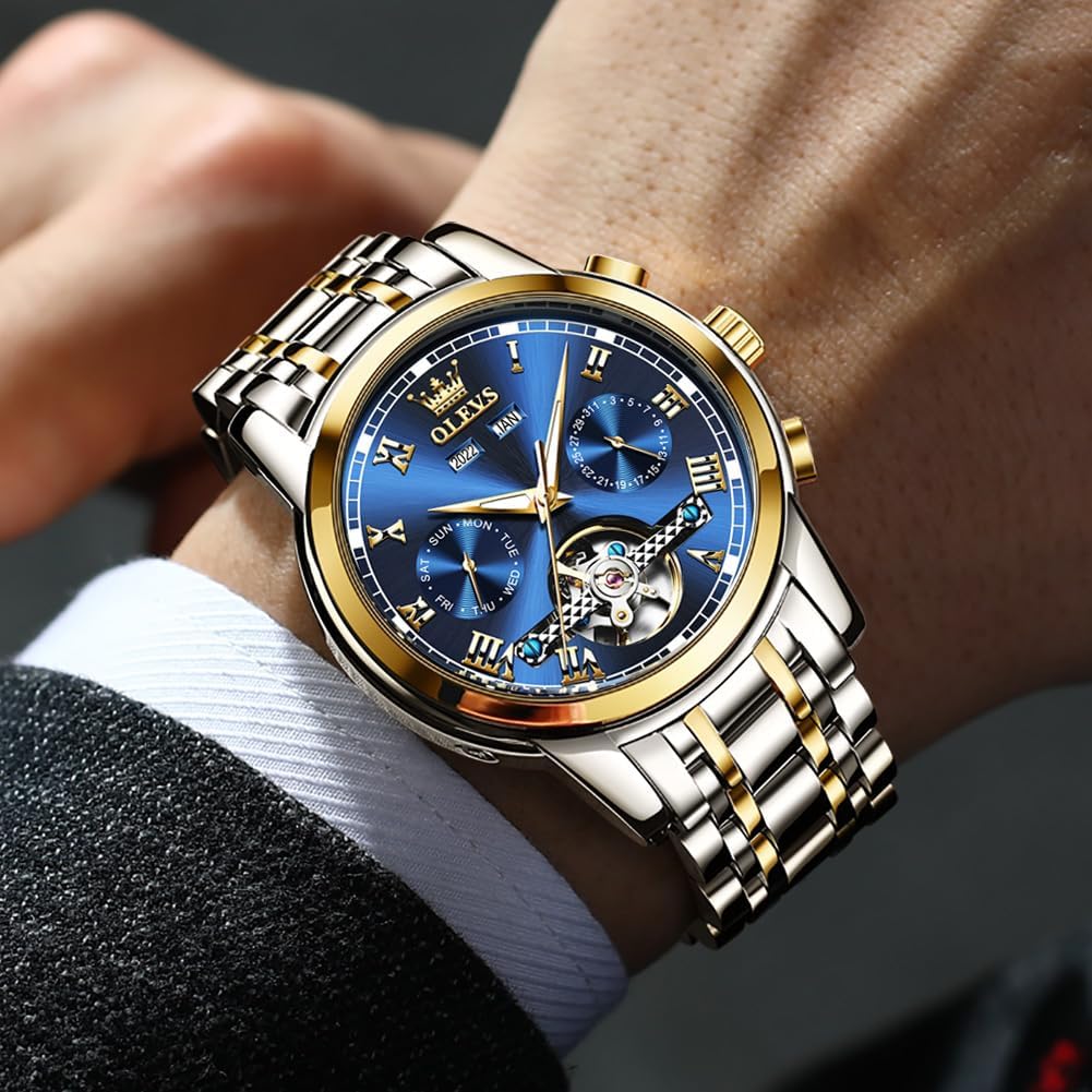 OLEVS Automatic Watch(No Battery Required) Men's Wrist Watches Self-Wind Mechanical Watches Fashion Classic Tourbillon Skeleton Watch Black Blue Green Face,Adjustable Bracelet (Gift Tool) - Image 3