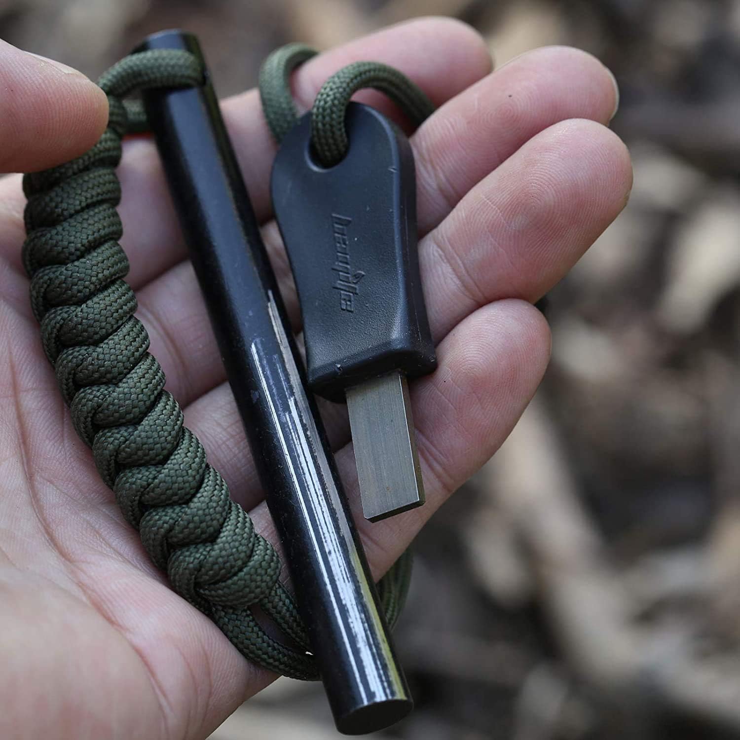 bayite 4 Inch Survival Ferrocerium Drilled Flint Fire Starter, Ferro Rod Kit with Paracord Landyard Handle and Striker, 4"(Long) x 3/8"(Diameter) - Image 4