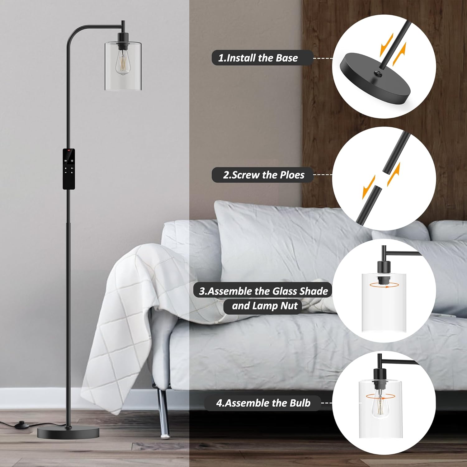 Industrial Floor Lamp with Glass Shade, Modern Dimmable Floor lamp with Remote LED Bulbs, Tall Lamp for Living Room Corner, Bedroom, Office (Black) - Image 7