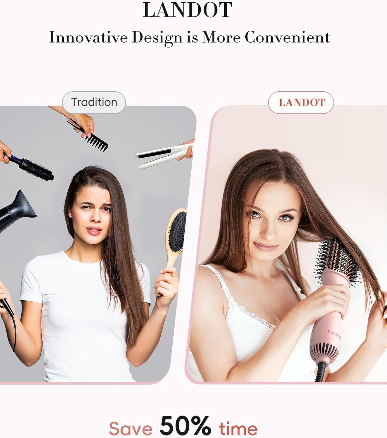 LANDOT Hair Blow Dryer Brush: One-Step Hot Air Brush with 60mm Oval Barrel - 4 in 1 HairDryer Styler and Volumizer for Drying Straightening Curling Volumizing Hair Fight Frizz and Add Volume - Image 3