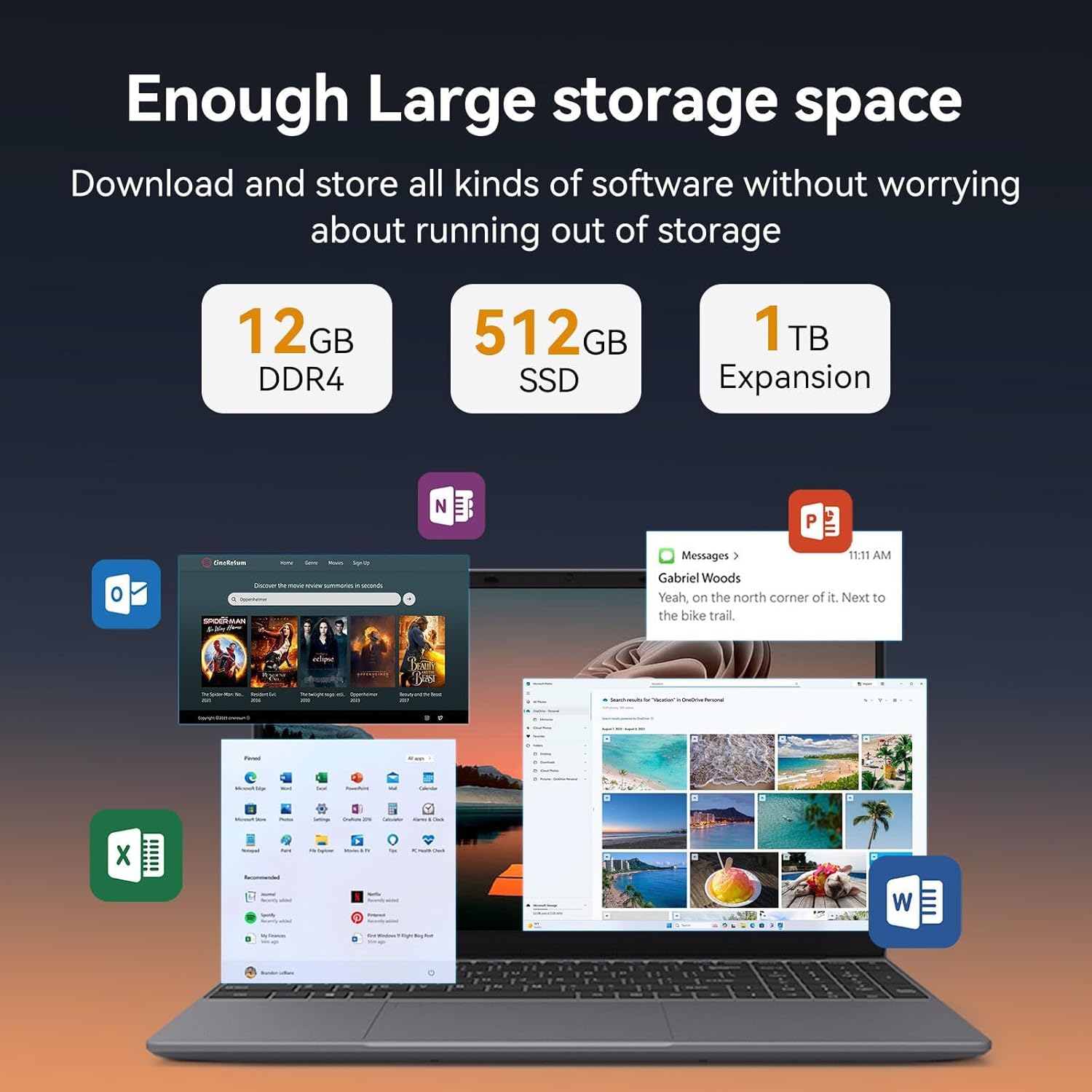 Laptop Computer 15.6'' HD Display, Intel UHD Graphics, Intel Celeron N5095 4-Core Processor, 12GB RAM, 512GB SSD up to Expandable 1TB, WiFi, 180°Open Angle, Windows 11 Laptop, Gray - Image 3