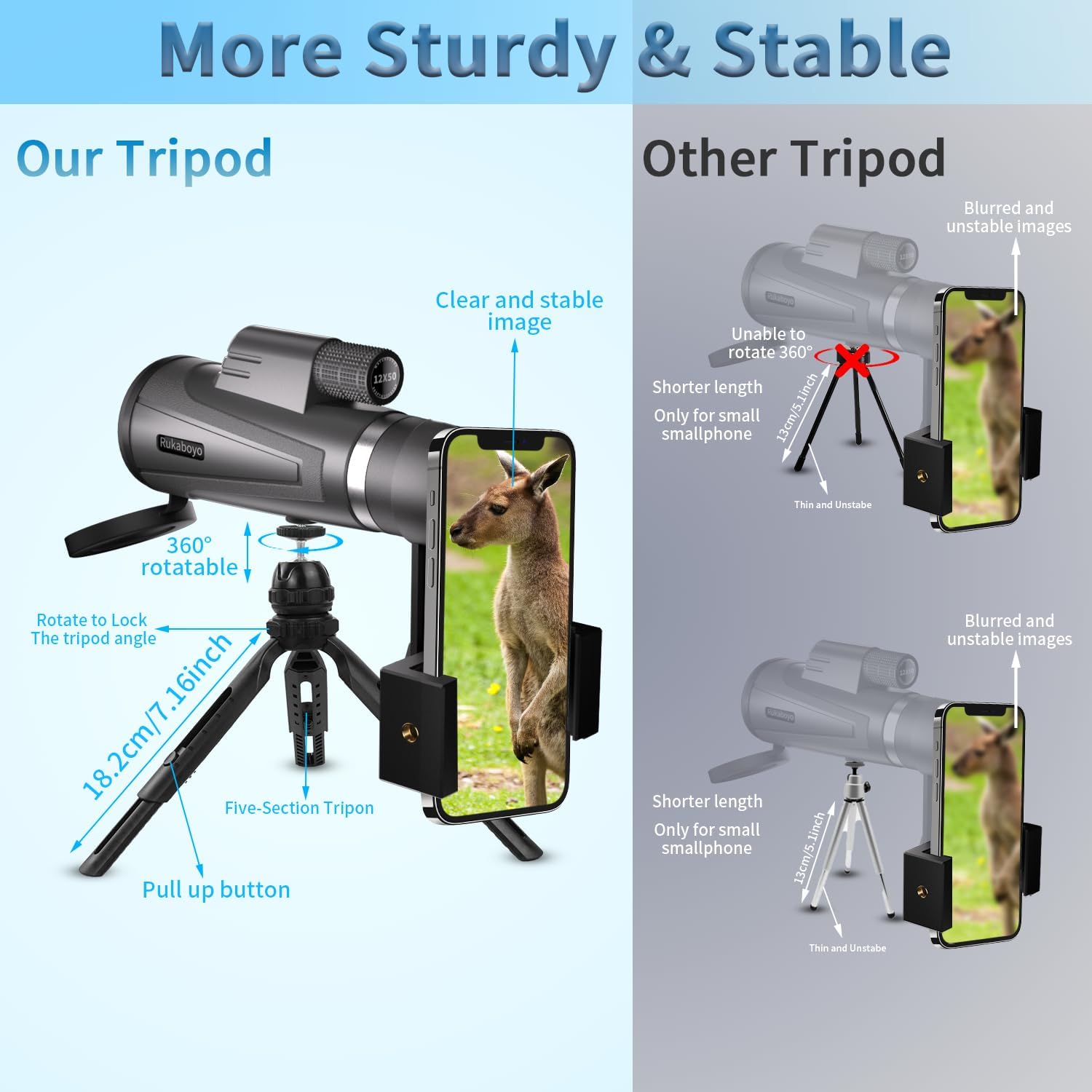 12X50 HD Monocular Telescope High Powered with Smartphone Adapter &Tripod - BAK4 Prism Monocular for Wildlife Bird Watching Hunting Travel Camping Stargazing Hiking(Black) - Image 6