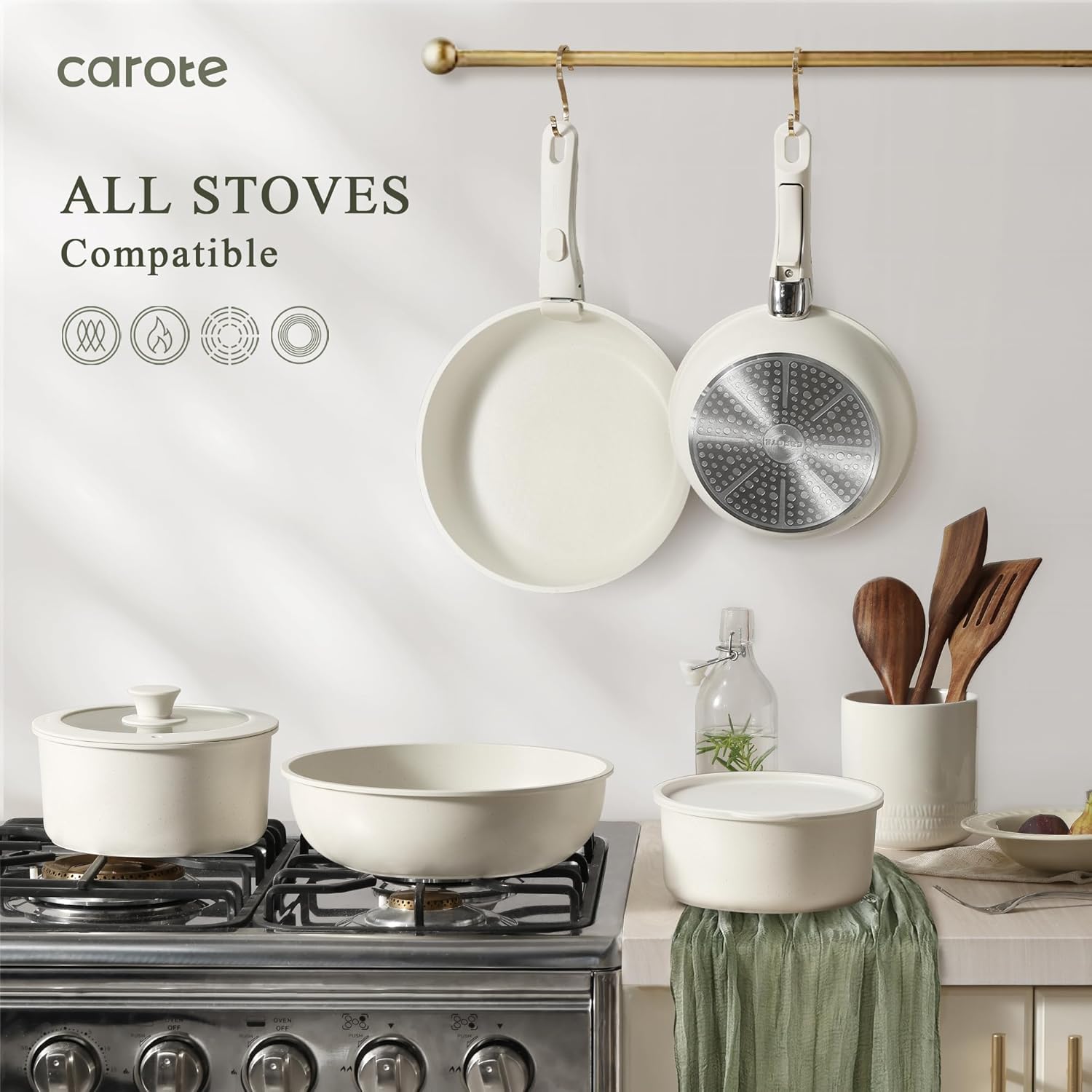 CAROTE 16pcs Pots and Pans Set, Nonstick Cookware Set Detachable Handle, Induction Kitchen Cookware Sets Non Stick with Removable Handle, RV Cookware Set, Oven Safe, Frying Pan Set - Image 5