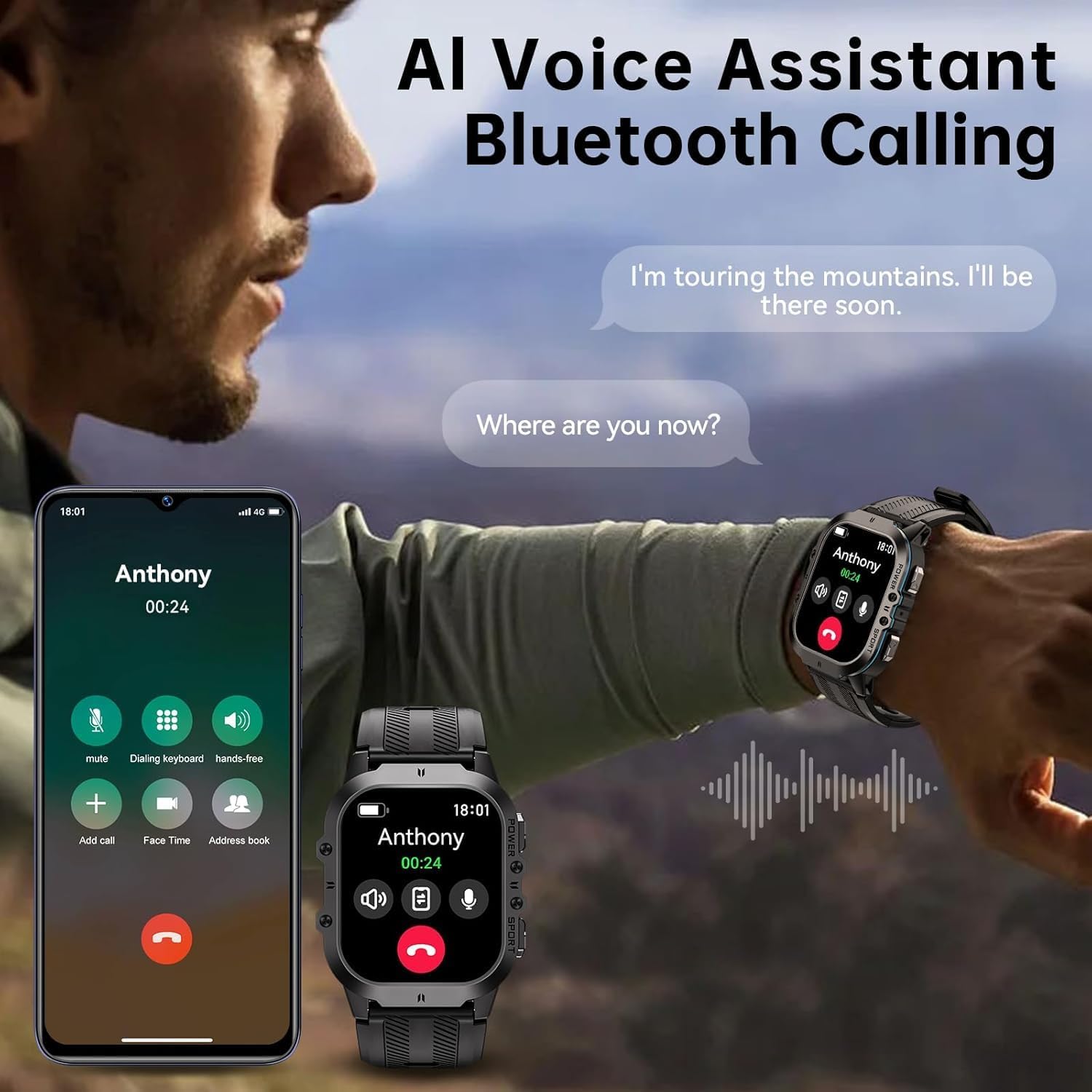 OUKITEL BT20 Military Smart Watch for Men,Fitness Tracker Smart Watches for Android/Phones,Bluetooth Call/Voice Assistant, Waterproof Rugged 1.96 Inch Touchscreen,100+ Sports Modes,24H Health Monitor - Image 6