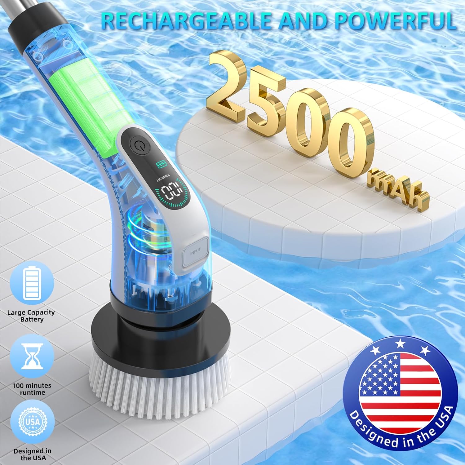 Electric Spin Scrubber, IPX7 Waterproof Power Shower Scrubber with Extension Handle, 7 Replaceable Brush Heads & 3 Hard Bristle Crevice Cleaning Brushes Cleaning Supplies for Bathroom Tub Tile Floor - Image 6