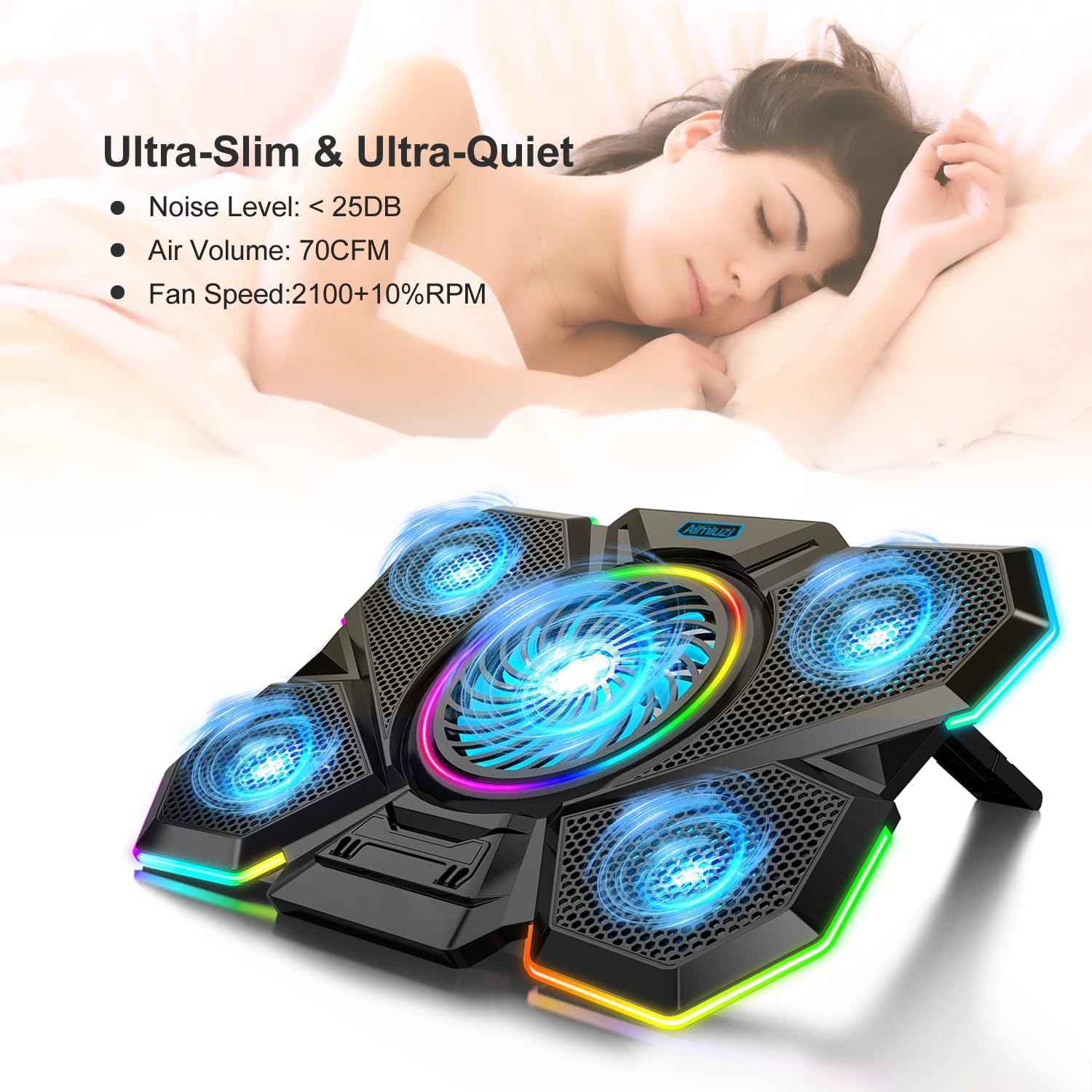 Laptop Cooling Pad, Gaming Laptop Cooler with 5 Quiet Fans and LED Lights (One-Click Close), Laptop Fan Cooling Pad Fits 12-17 Inch Laptop, 7 Adjustable Height - Image 4