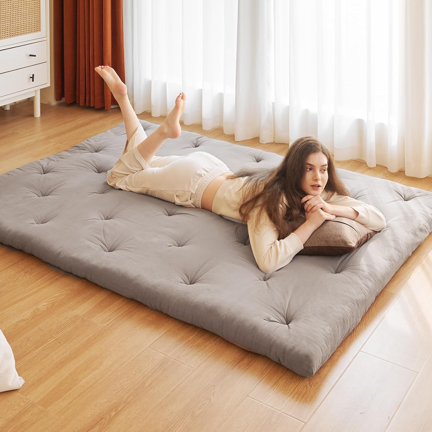 ZonLi Japanese Floor Futon Mattress Queen Size 60"x 80",100% Cotton 2.5'' Thicken Tatami Mattress,Foldable Sleeping Pad,Portable Dormitory Tatami Mat,Roll Up Floor Lounger Bed for Adult (Grey) - Image 3