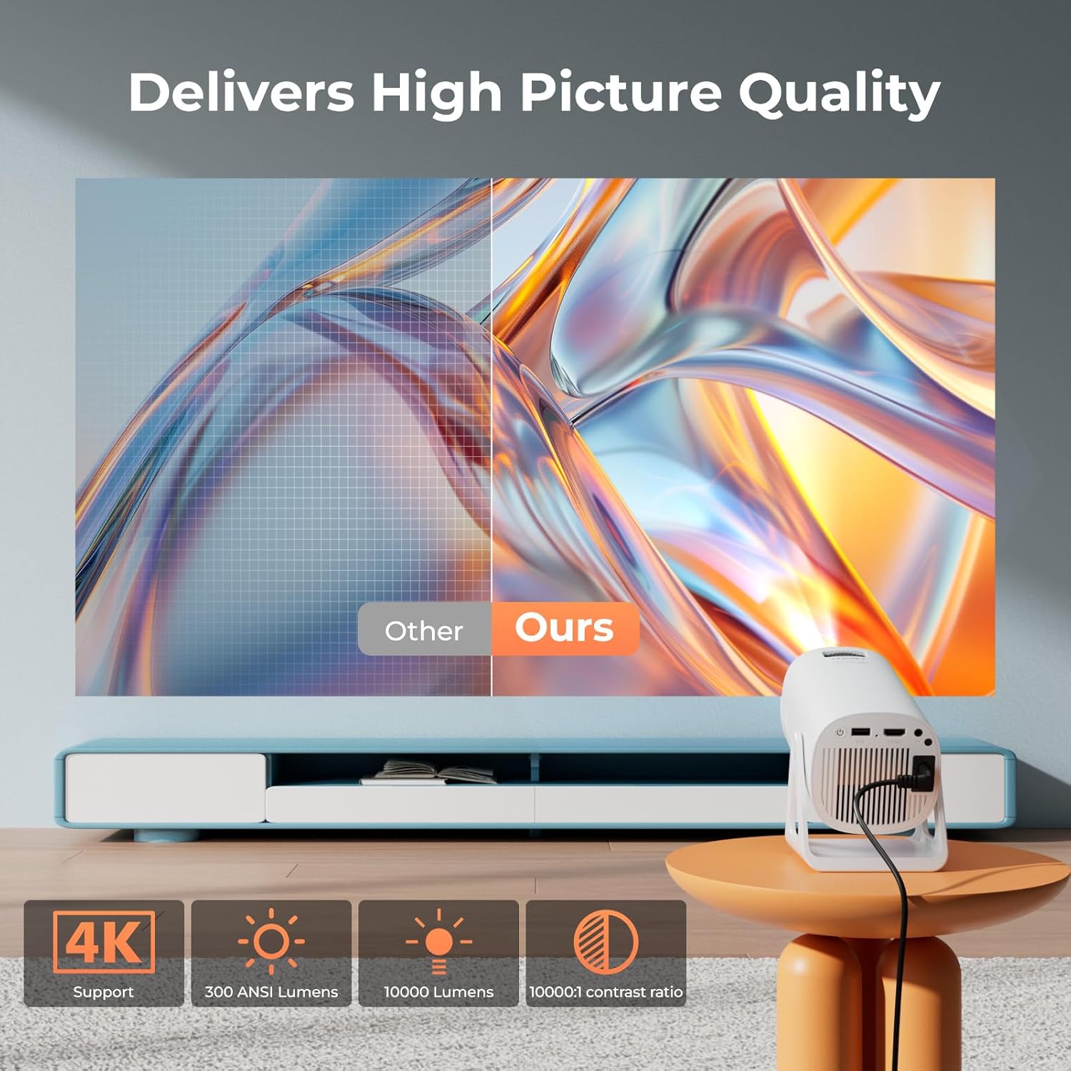 Portable WiFi and Bluetooth Projector - 4K 1080P Supported Mini Movie Projector, 270°Adjustable Stand Outdoor Home Theater Star Projector with Ambient Light for Phone TV Stick Laptop - Image 5