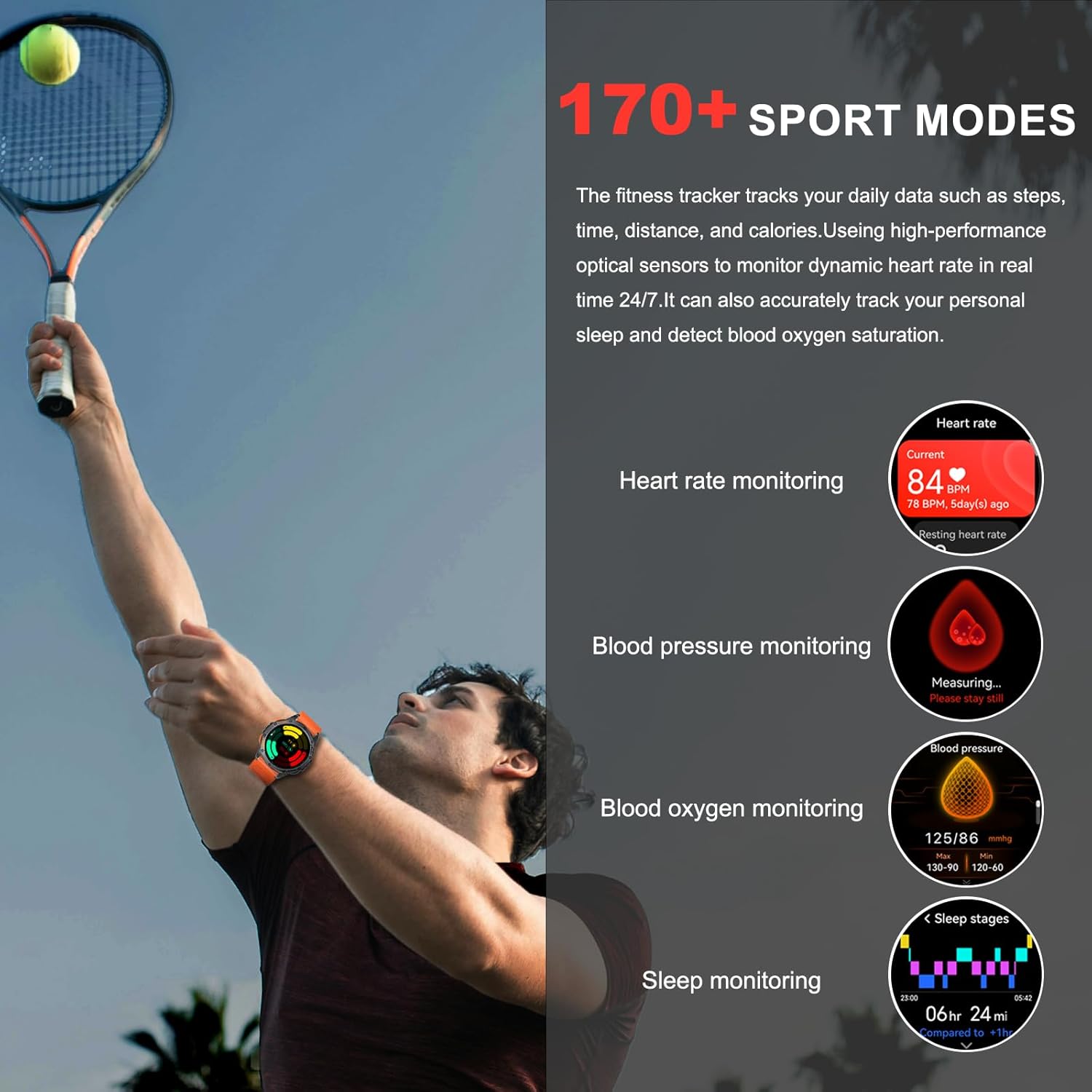 Military Smart Watches Built-in GPS, 170+ Sport Modes for Men with Flashlight, Smartwatch for Android Phones and iPhone, 1.43" AMOLED Screen, Bluetooth Calls Compass Altimeter Barometric Altitude - Image 8