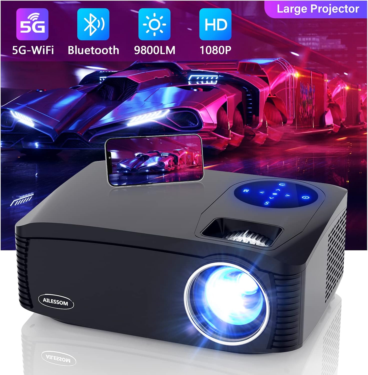 Native 1080P 5G WiFi Bluetooth Projector, AILESSOM 20000LM 450" Display Support 4K Movie Projector, High Brightness for Home Theater and Business, Compatible with iOS/Android/TV Stick/PS4/HDMI/PPT/USB - Image 2