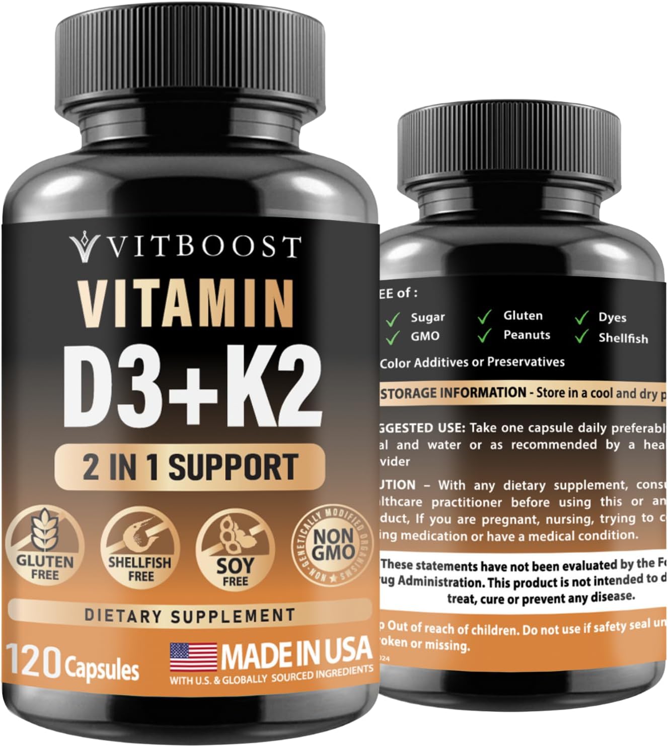 Vitamin D3 K2 Complex - Easy to Swallow - Vitamin D (D3) 5000 IU (125 mcg) & K2(MK-7) 90 mcg | Non-GMO | Gluten-Free | USA Made | 120 Capsules - Image 2