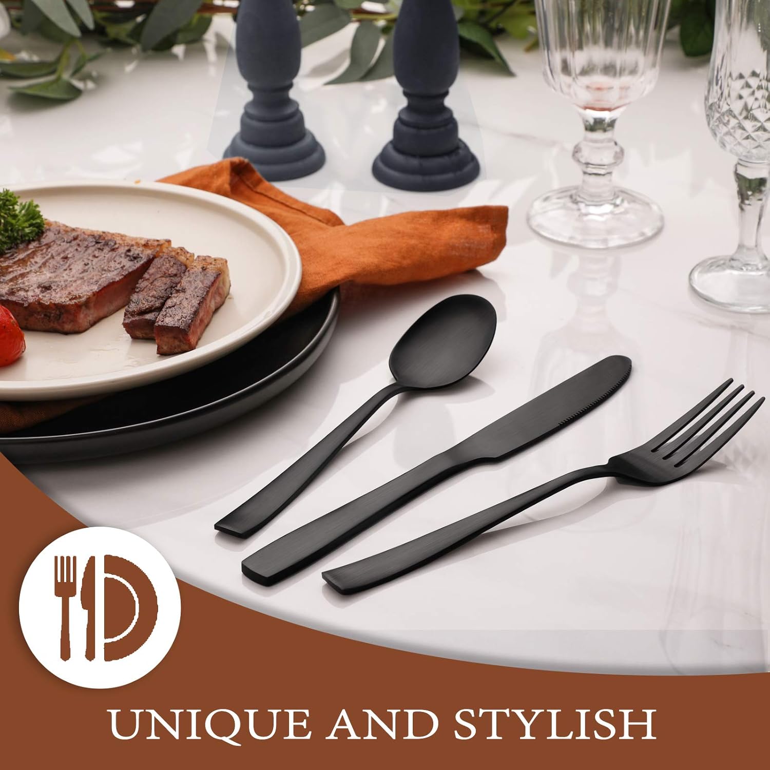 Hiware 24 Pieces Matte Black Silverware Set with Steak Knives for 4, Stainless Steel Flatware Utensils Set, Hand Wash Recommended - Image 7