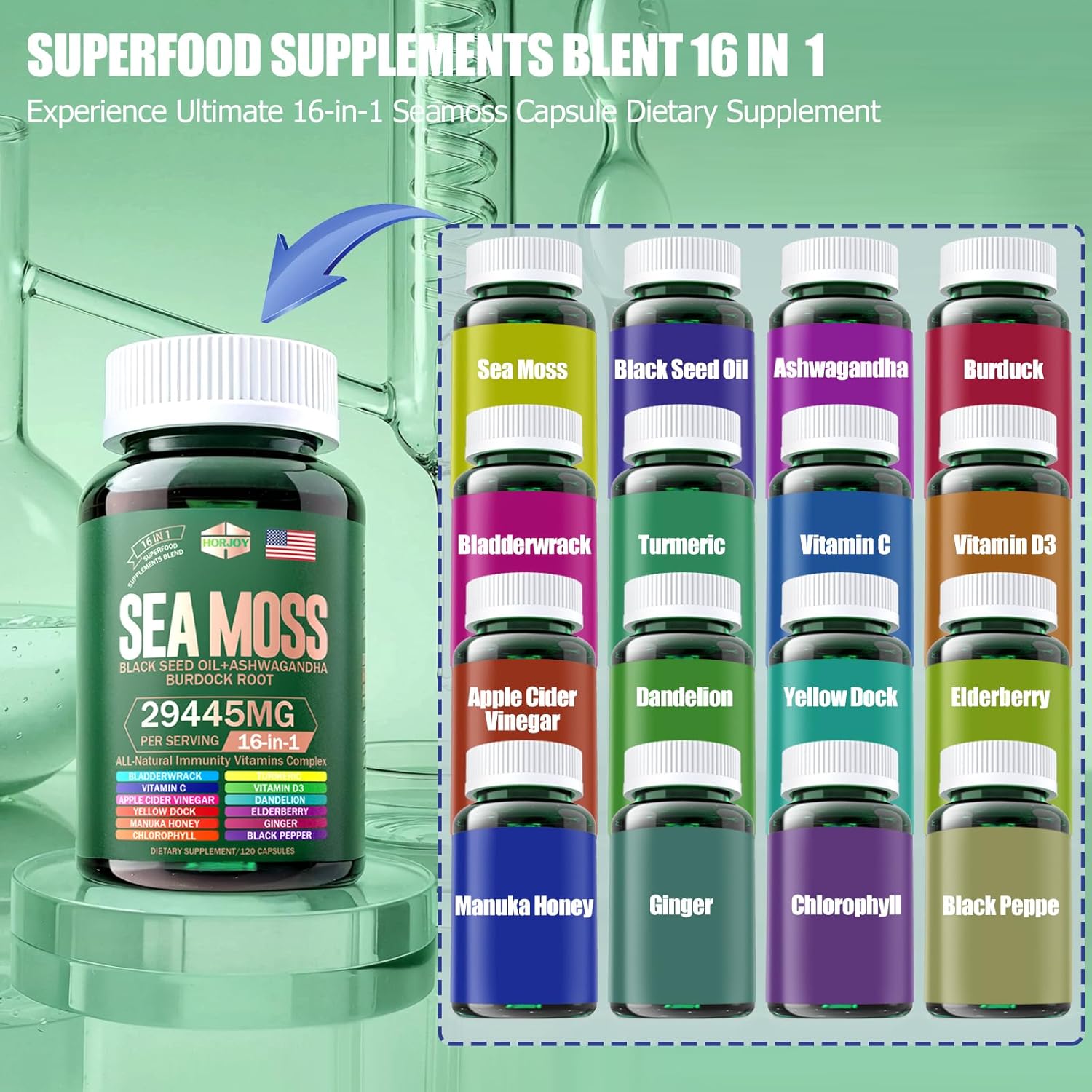 Sea Moss 12000mg Black Seed Oil 6000mg Ashwagandha 3000mg Turmeric 1000mg Bladderwrack 2000mg Burdock 3000mg & Vitamin C & D3 with Elderberry Manuka Dandelion Yellow Dock Iodine Chlorophyll ACV - Image 8