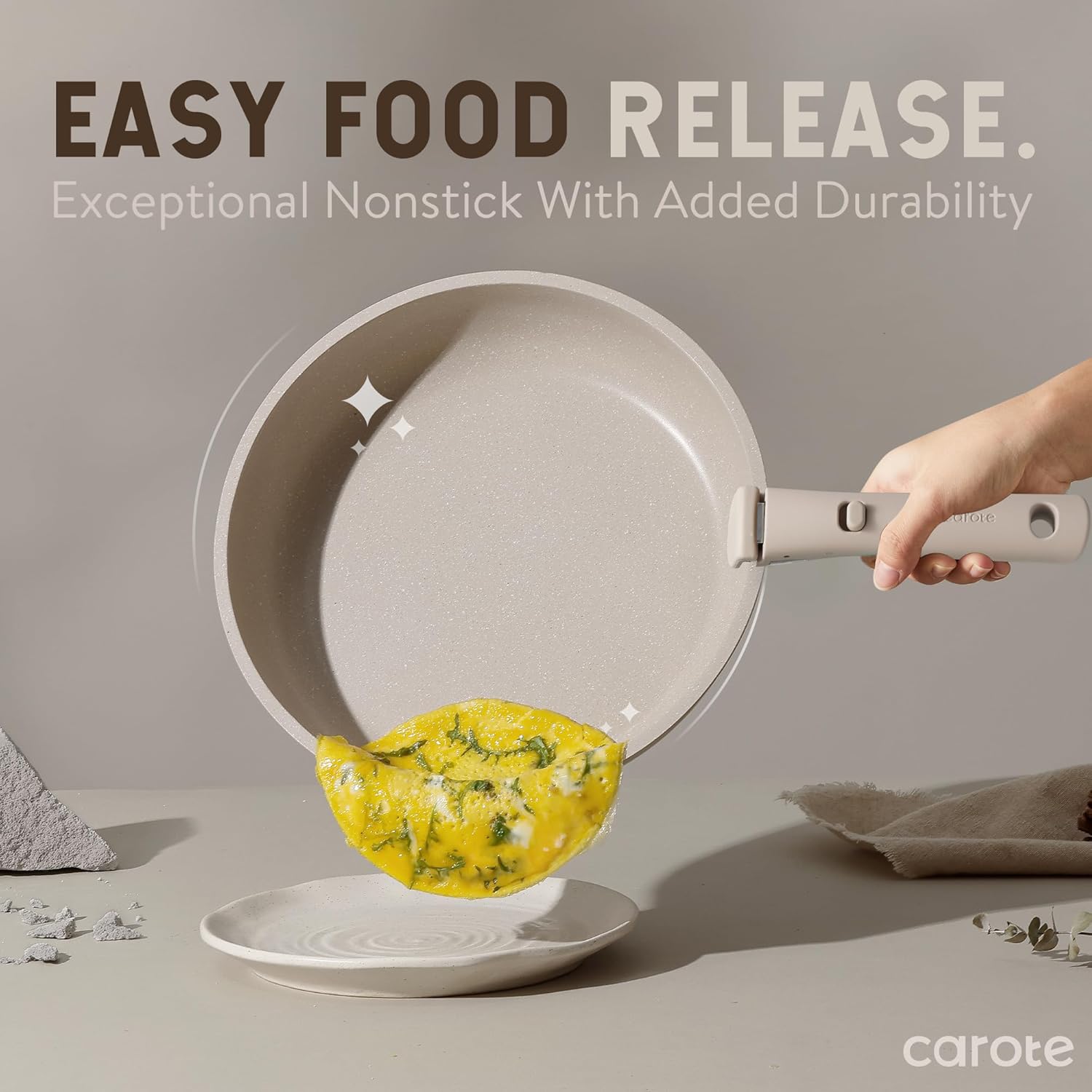 CAROTE 15pcs Pots and Pans Set, Nonstick Cookware Set Detachable Handle, Induction Kitchen Cookware Sets Non Stick with Removable Handle, RV Cookware Set, Oven Safe, Taupe - Image 4