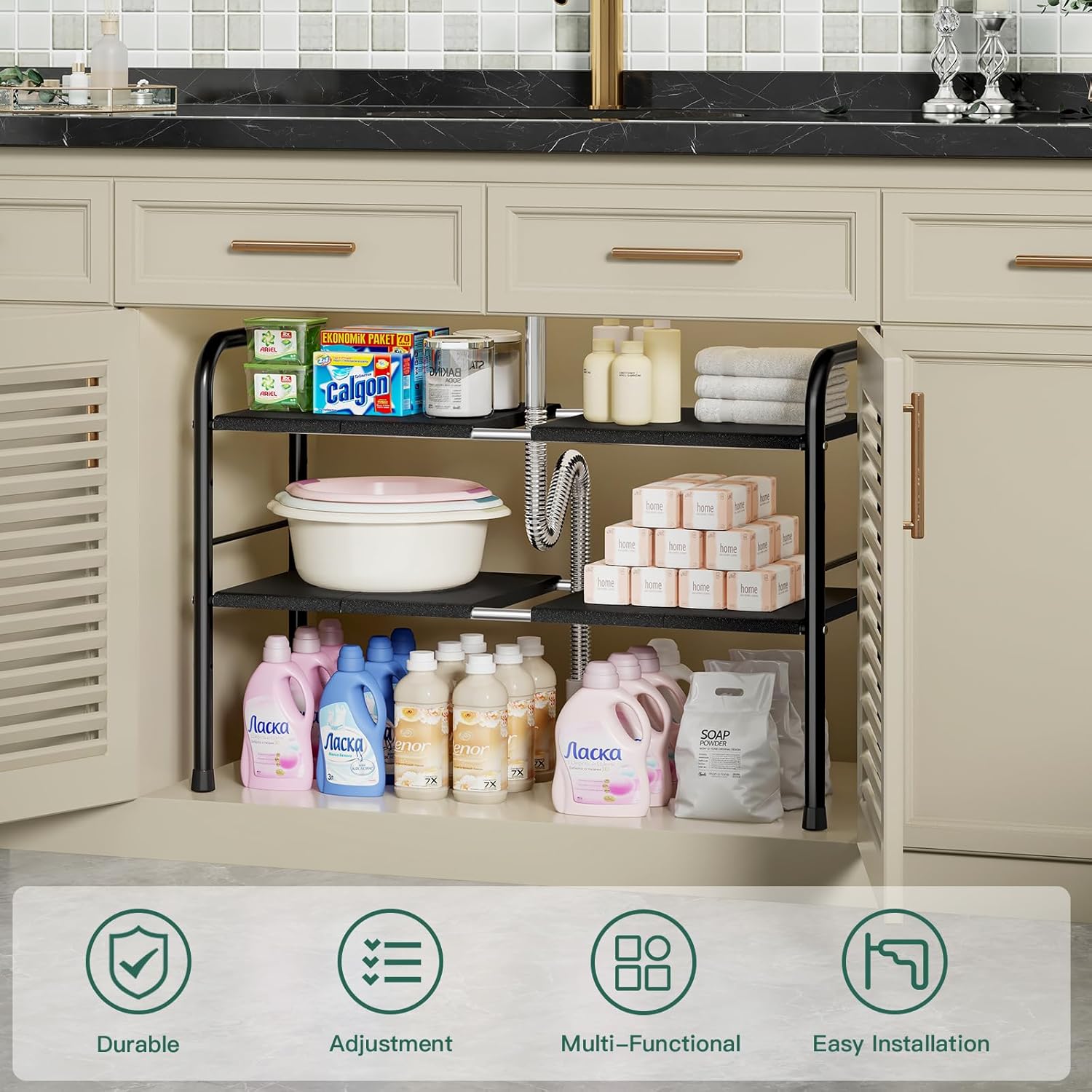 Under Sink Organizer, Kitchen Bathroom Organizers and Storage, shoe cabinet organizer with 8 Removable Panels, 2-Tier Expandable Multi-Purpose Storage Shelf (Expand from17.7 to 32.2") - Image 4